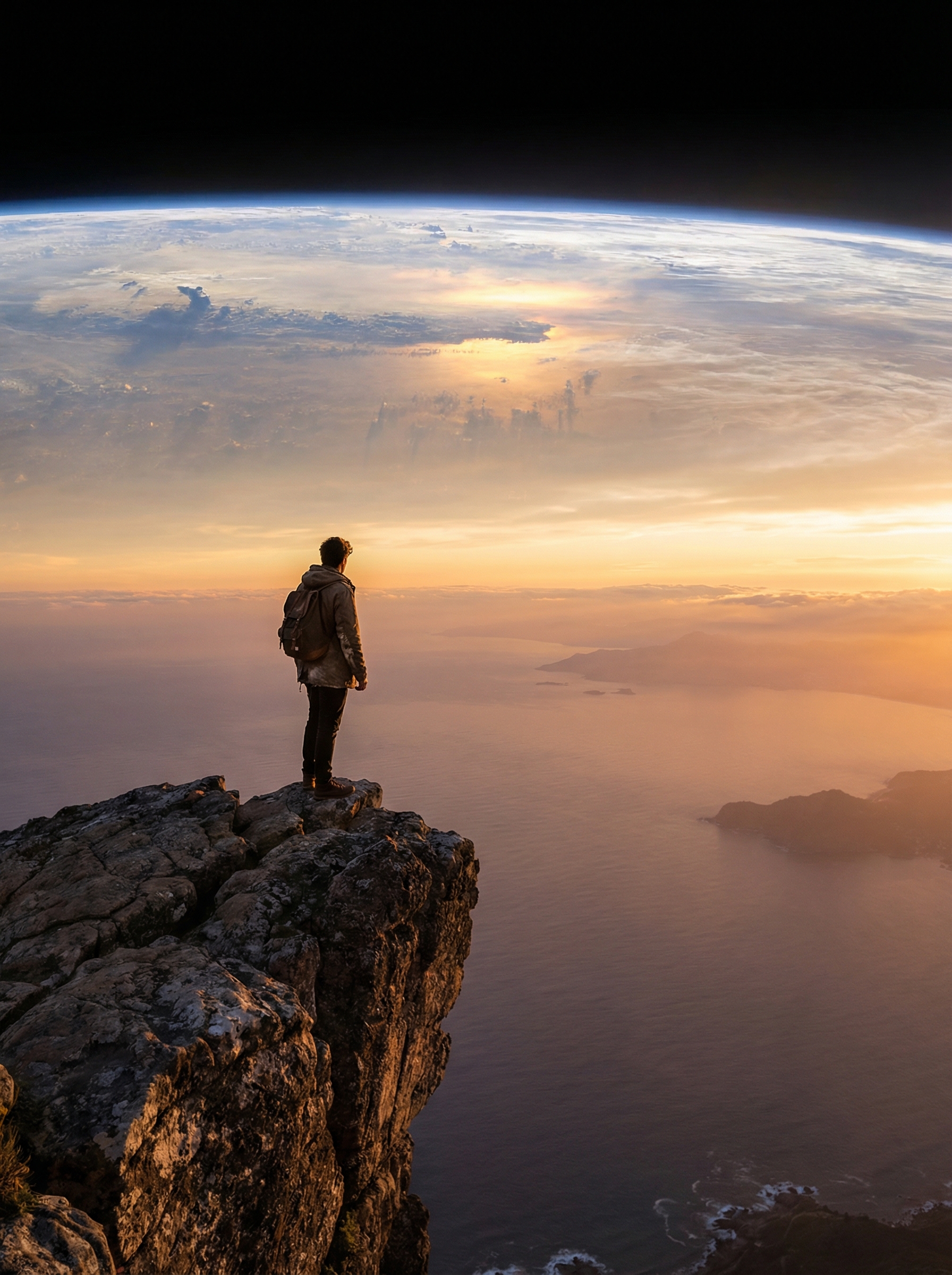Person standing on cliff edge looking at Earth's vast horizon at golden hour — wonder and discovery at the scale of the real planet