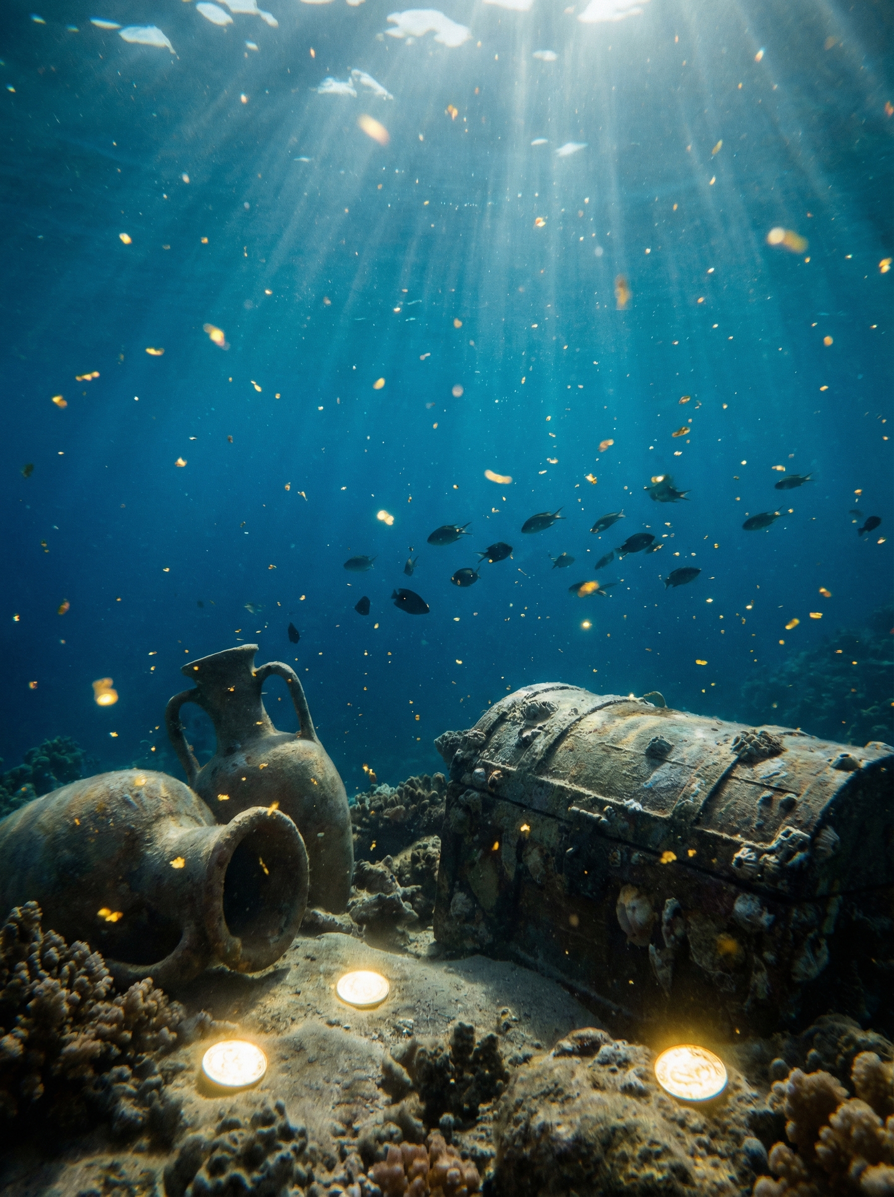 Underwater scene with golden particles floating through deep blue ocean water — representing the 20 million tonnes of dissolved gold in Earth's oceans worth 771 trillion dollars