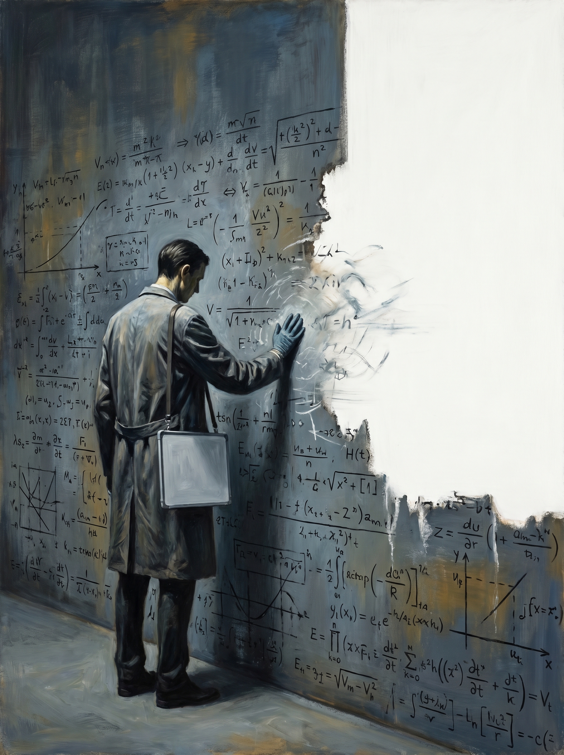 Human figure physicist standing at literal wall made of equations — equations correct up to the wall, beyond it white not emptiness but absence, figure's hand touching wall as equations dissolve at contact point, the limit of human knowledge from the inside
