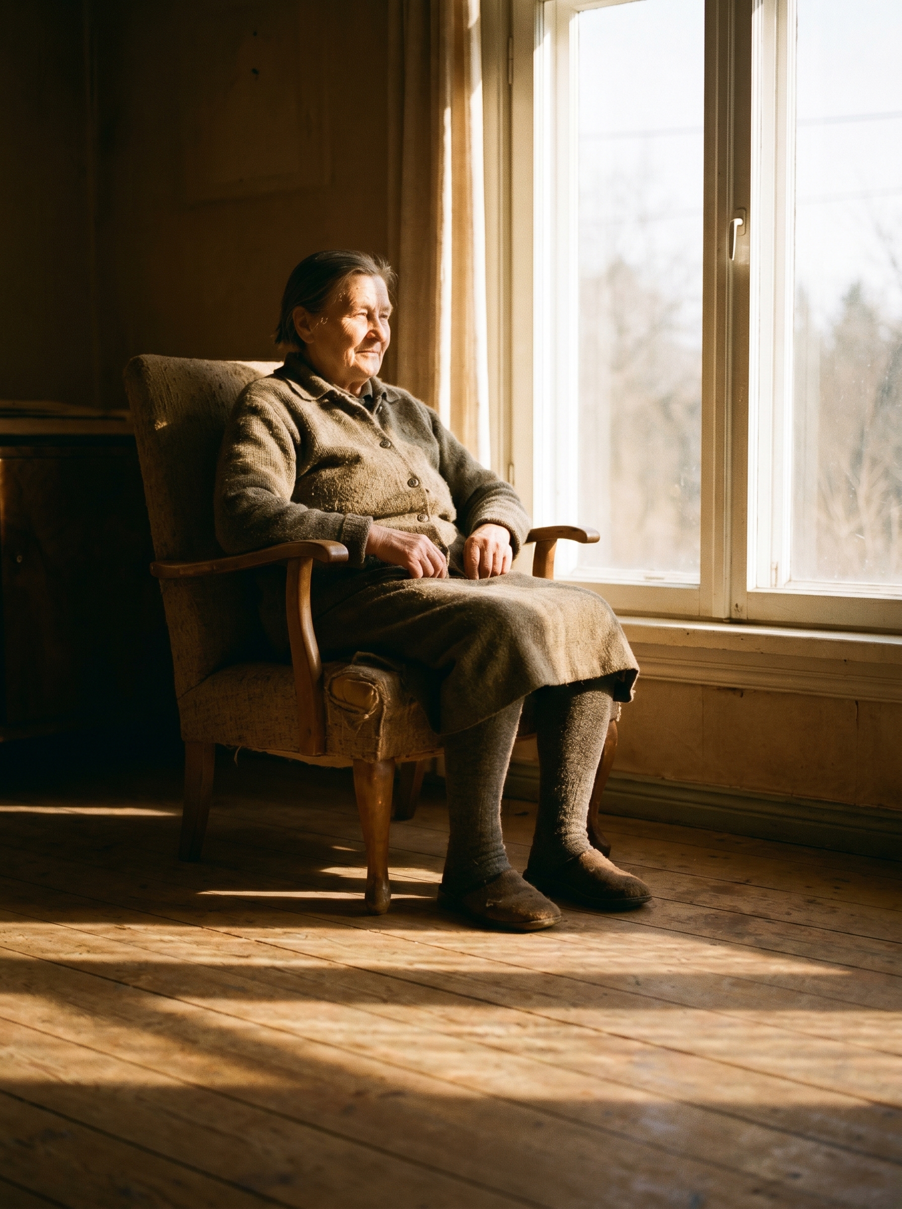 Person sitting completely still by window at golden hour — no phone no screen just present watching light move across floor, expression of someone who has understood something important, the luxury of this moment this stillness this choice