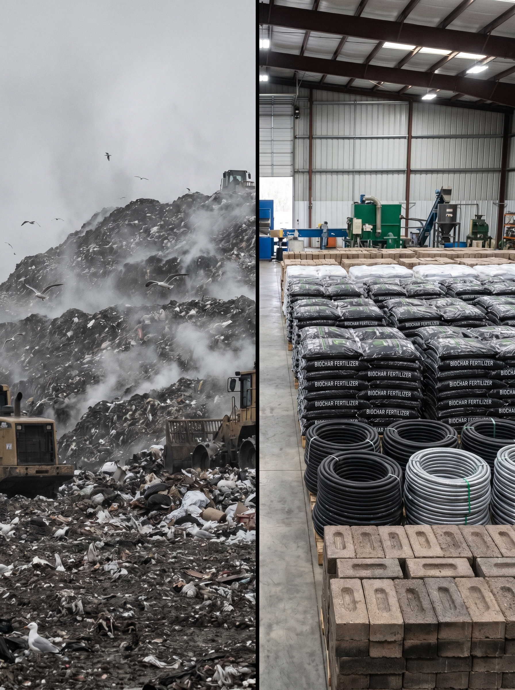 Split frame — left: towering landfill mountain of garbage grey and toxic. Right: exact same material after processing — biochar bags, clean fuel lines, building panels. Same material, completely different value. The transformation made visible.