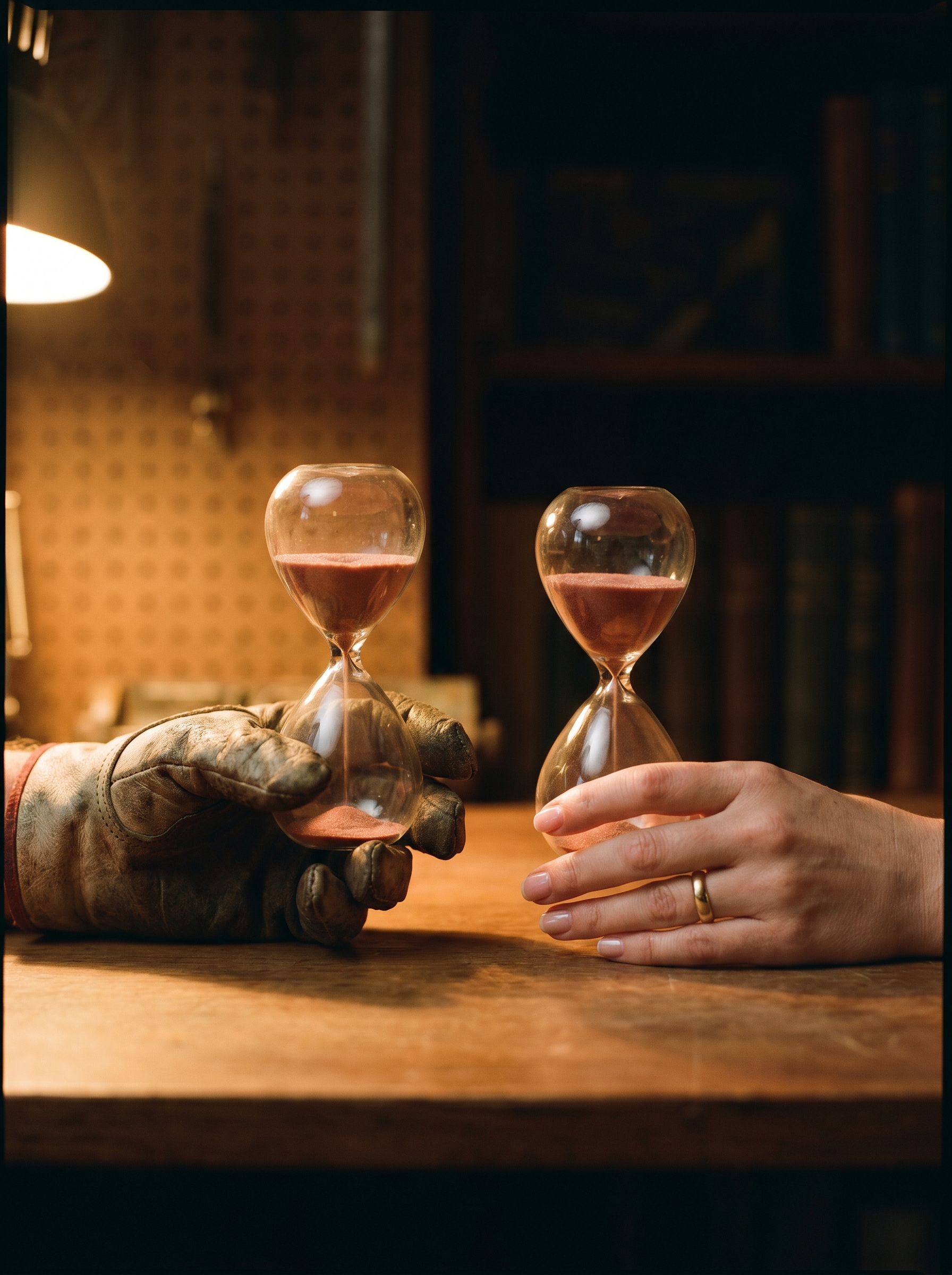 Two hands side by side — one weathered working class, one manicured wealthy — both holding identical hourglasses with identical amounts of sand remaining, the only thing in the frame perfectly equal