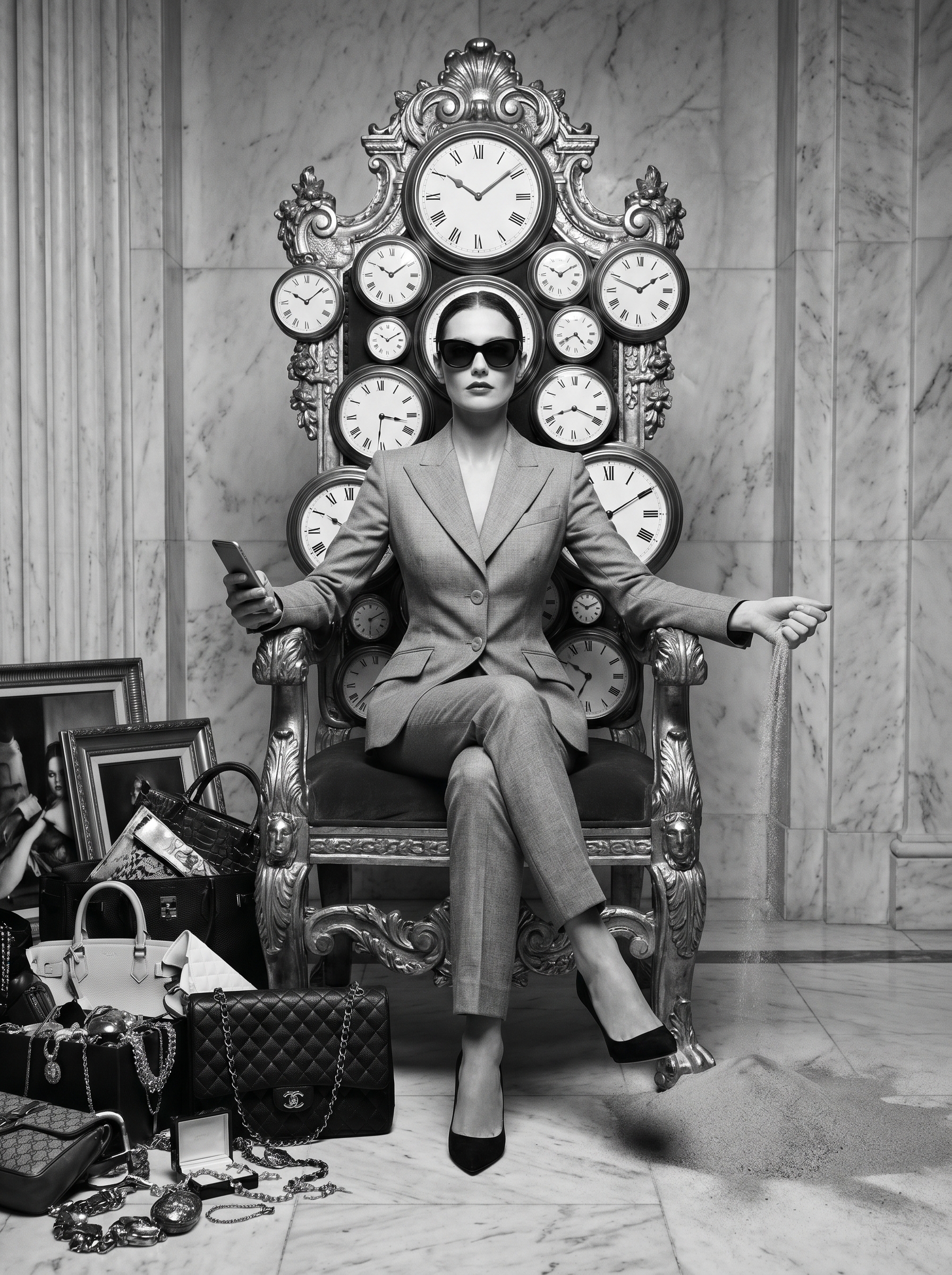 Perfectly dressed person on golden throne made of clocks all ticking — phone in hand, everything money can buy around them, sand falling through fingers they do not notice — the richest person imaginable losing the one thing money cannot replace