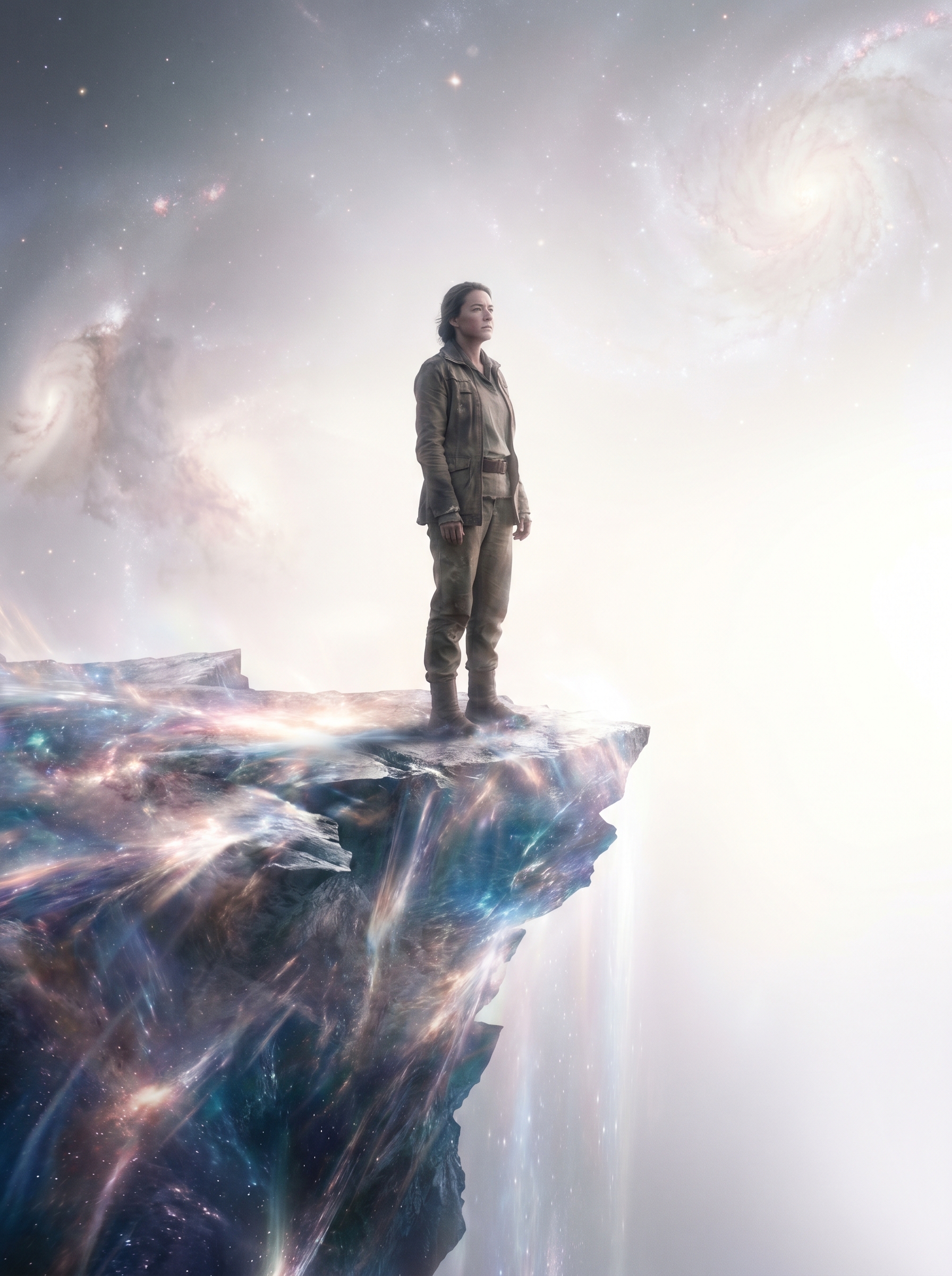 Single human standing at edge of observable universe rendered as physical cliff of light beyond which is genuine nothing — not dark space not void but absence of category of existence itself, person looking not with fear but with the expression of looking at something that cannot be looked at