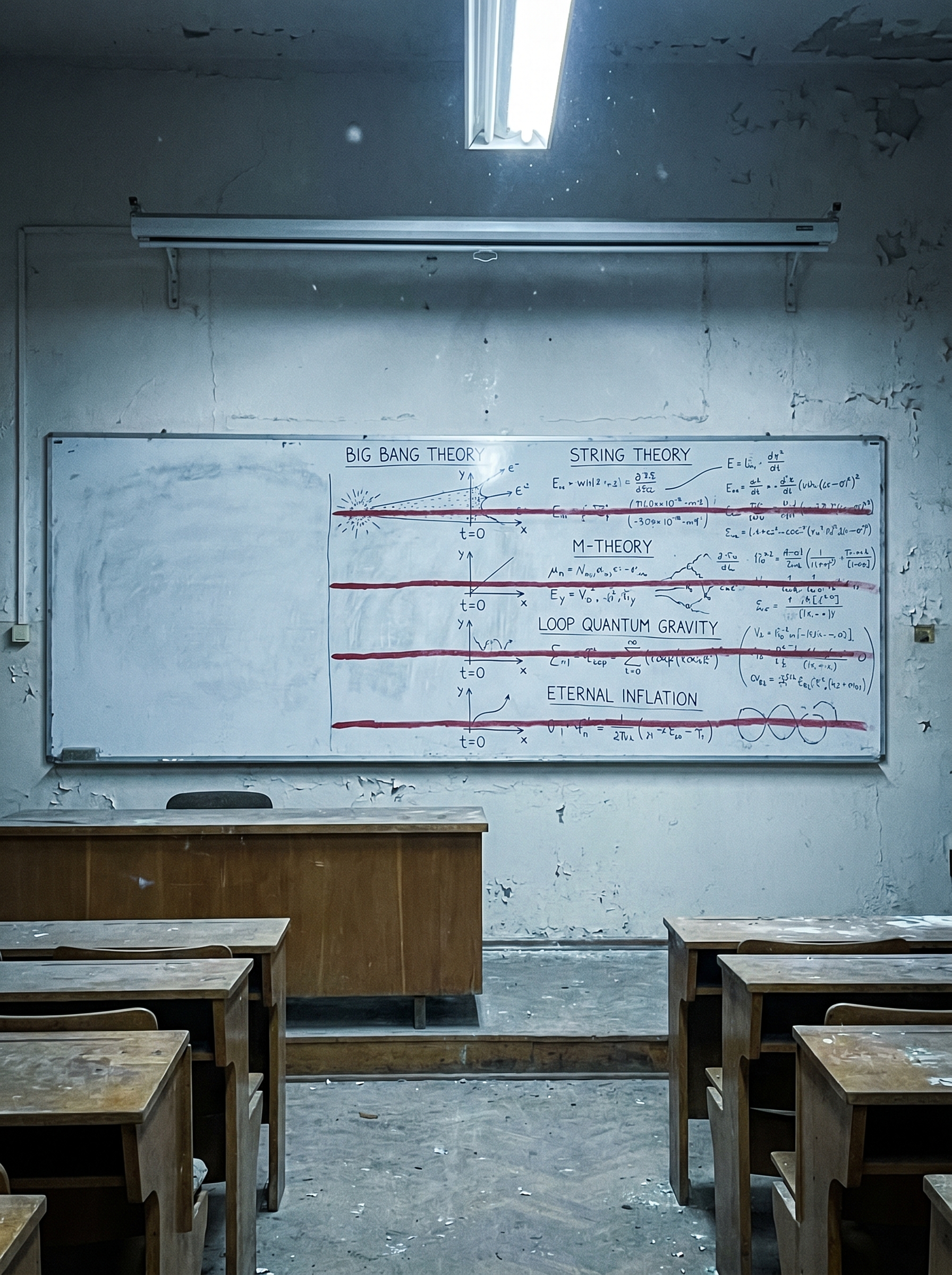 Whiteboard in abandoned lecture hall with every major cosmological theory written in full — Big Bang, String Theory, M-Theory, Loop Quantum Gravity, Eternal Inflation — each crossed out with red line at t=0, beyond that point every board is empty