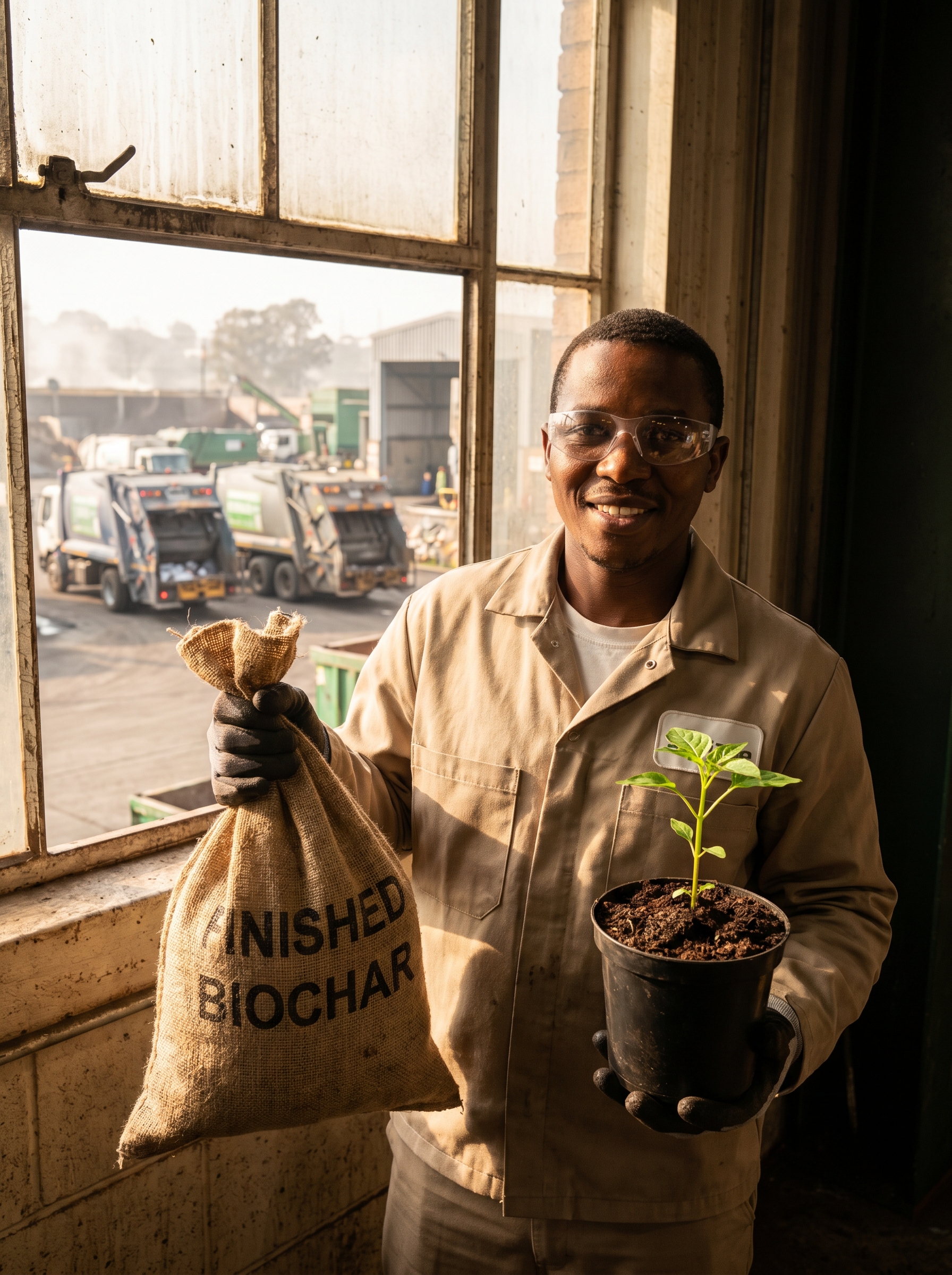 Worker in clean uniform holding bag of finished biochar in one hand, behind them through factory window garbage trucks arriving, other hand holding growing seedling in rich dark soil — beginning and end in one frame