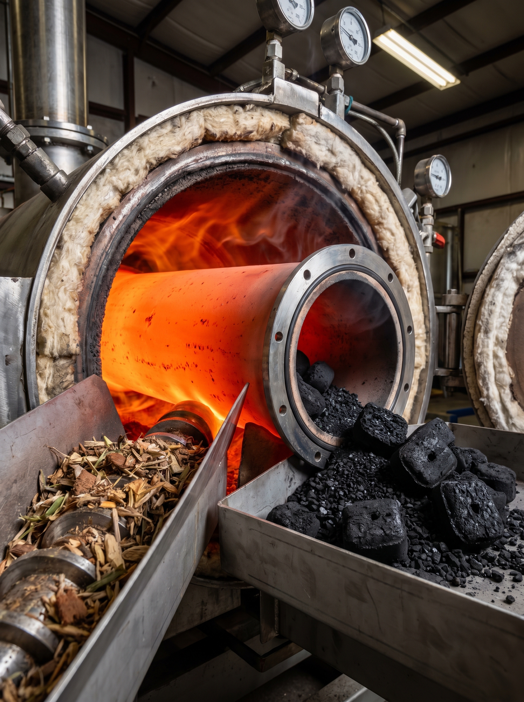 Inside pyrolysis chamber — organic waste entering glowing tube at one end, emerging at other end as perfect black biochar, heat visible as orange glow, transformation in oxygen-free environment, final product deep black and rich