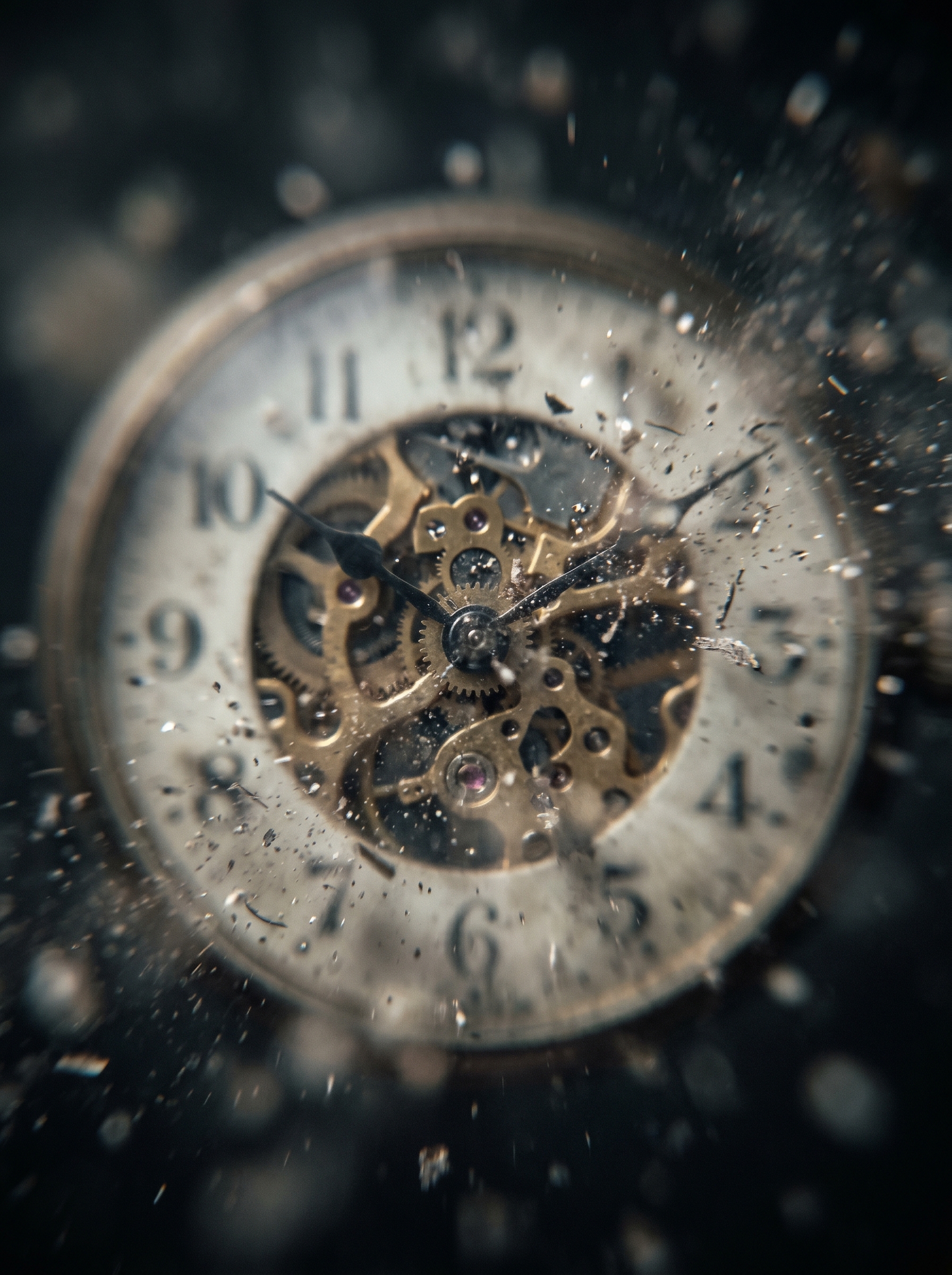 Clock face with hands numbers and mechanism dissolving outward from centre becoming particles becoming nothing the clock unmaking itself from inside out as it moves toward its own origin — before the first second there was no second