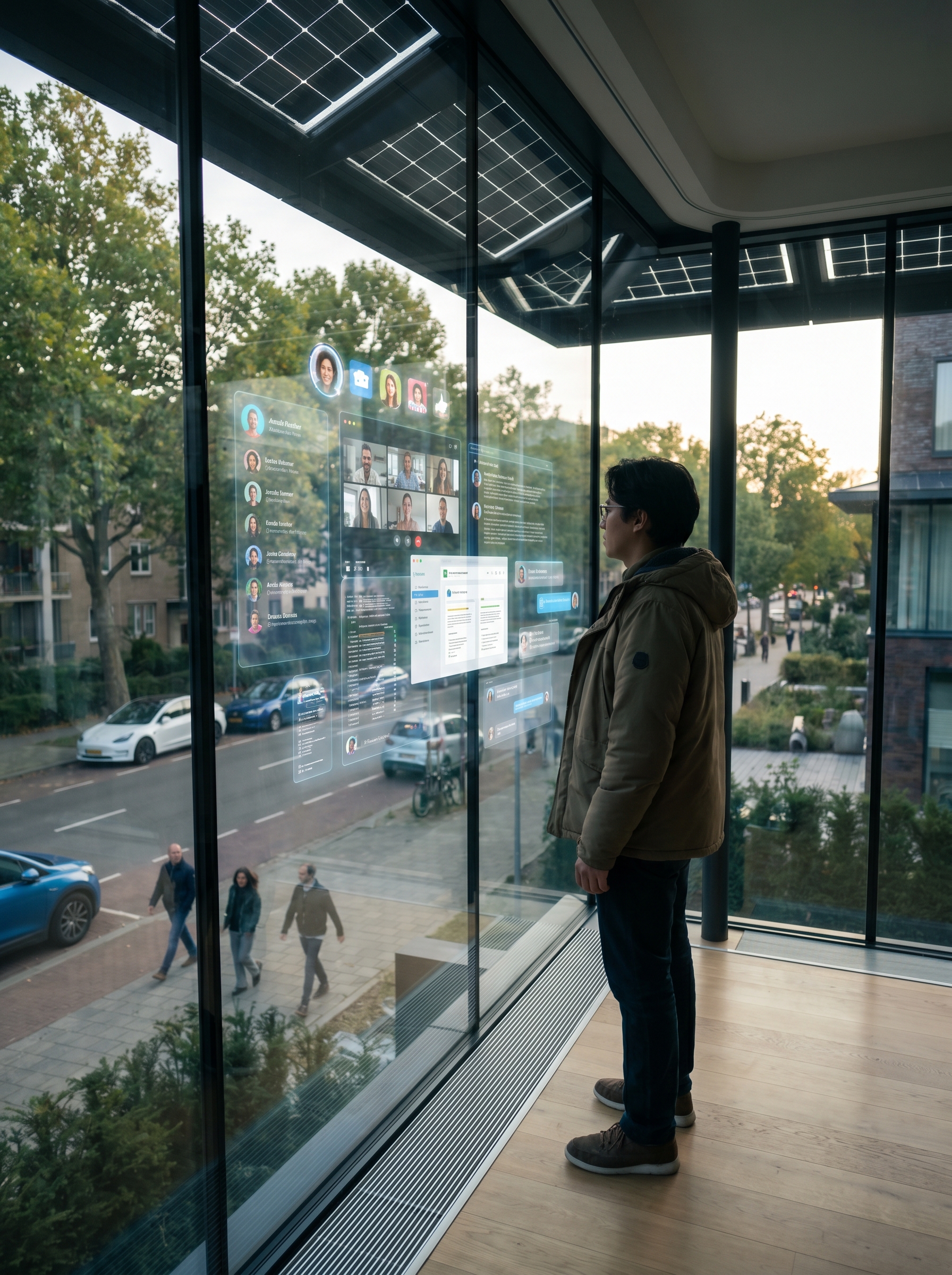 Person standing at window of home 2030 — outside normal street, their reflection shows digital life running parallel, connections work relationships in digital space visible as overlay on physical world, both lives equally real