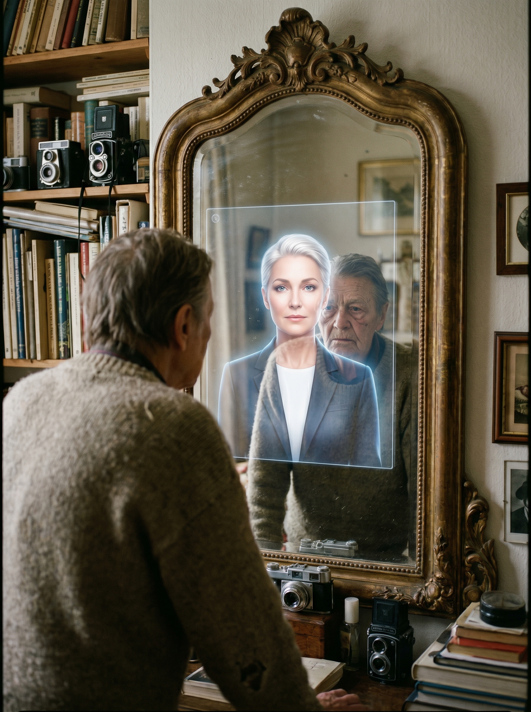 Person looking into mirror — reflection shows digital version of themselves, perfect, unaged, optimised. Real person looks tired, human, imperfect, alive. Both are them. Neither complete without the other. The mirror just changed.
