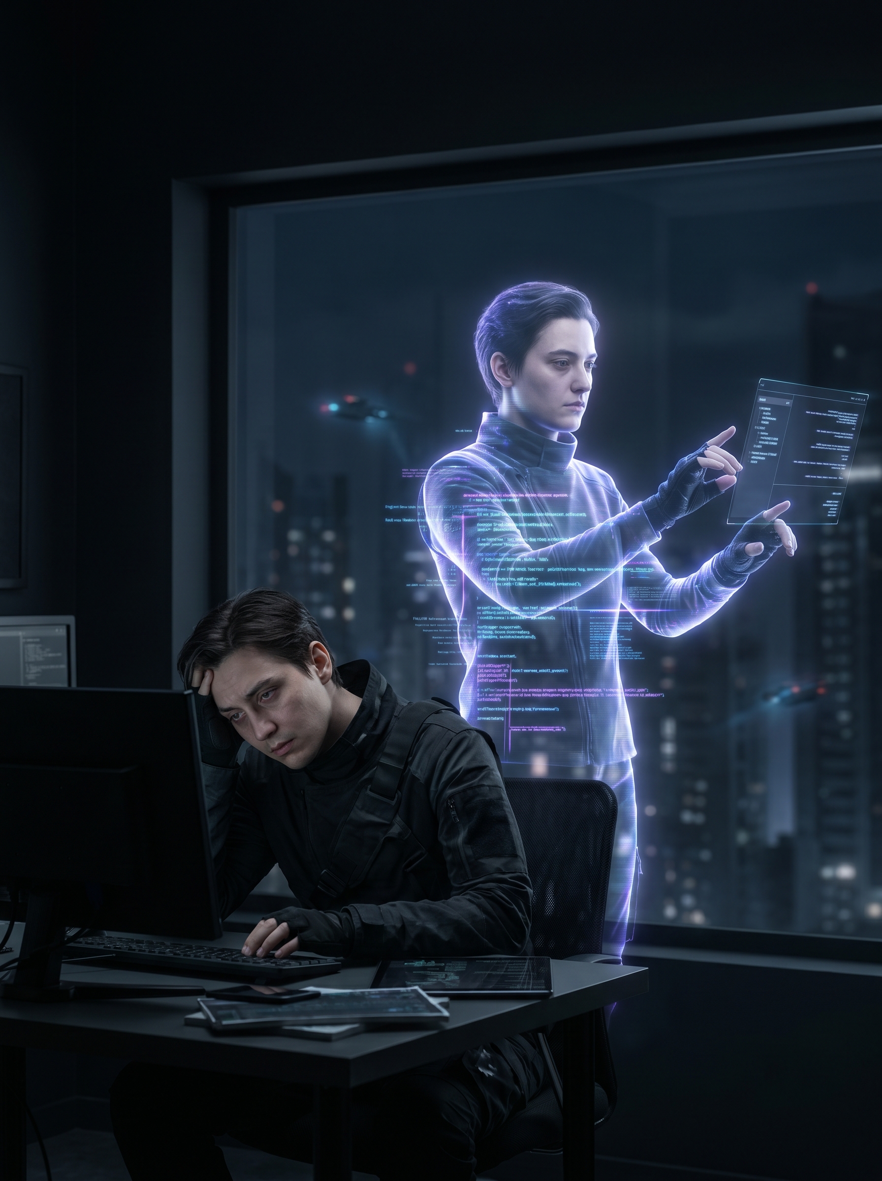 Person at desk working — behind them their perfect digital avatar in holographic form doing different work simultaneously, same face same posture but different task, digital version slightly more efficient, slightly more perfect