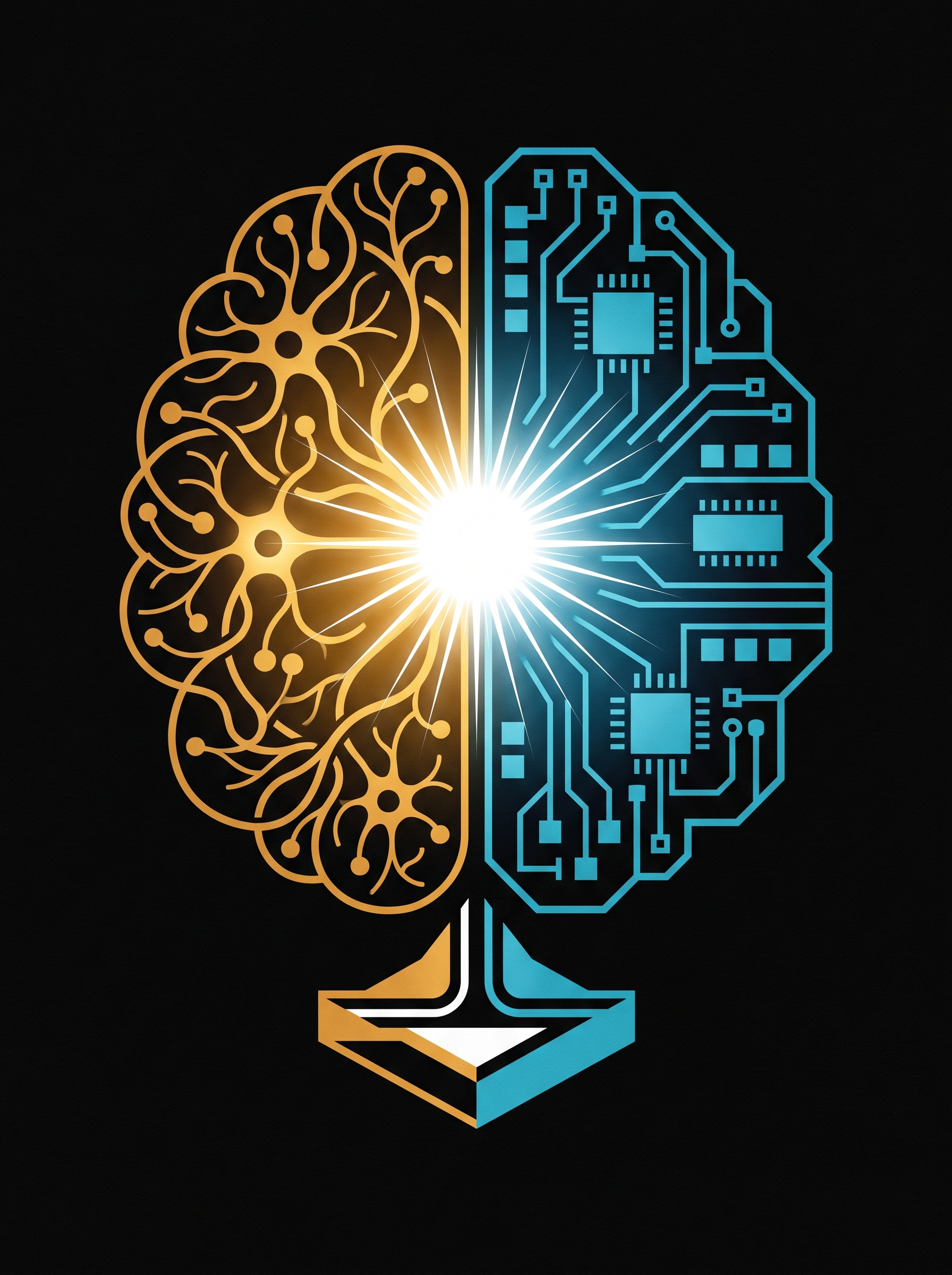 Human brain and circuit board fusing at center — left half biological neurons gold and warm, right half silicon circuits cold blue, fusion point glowing white hot — the most important merger in history as pure graphic design