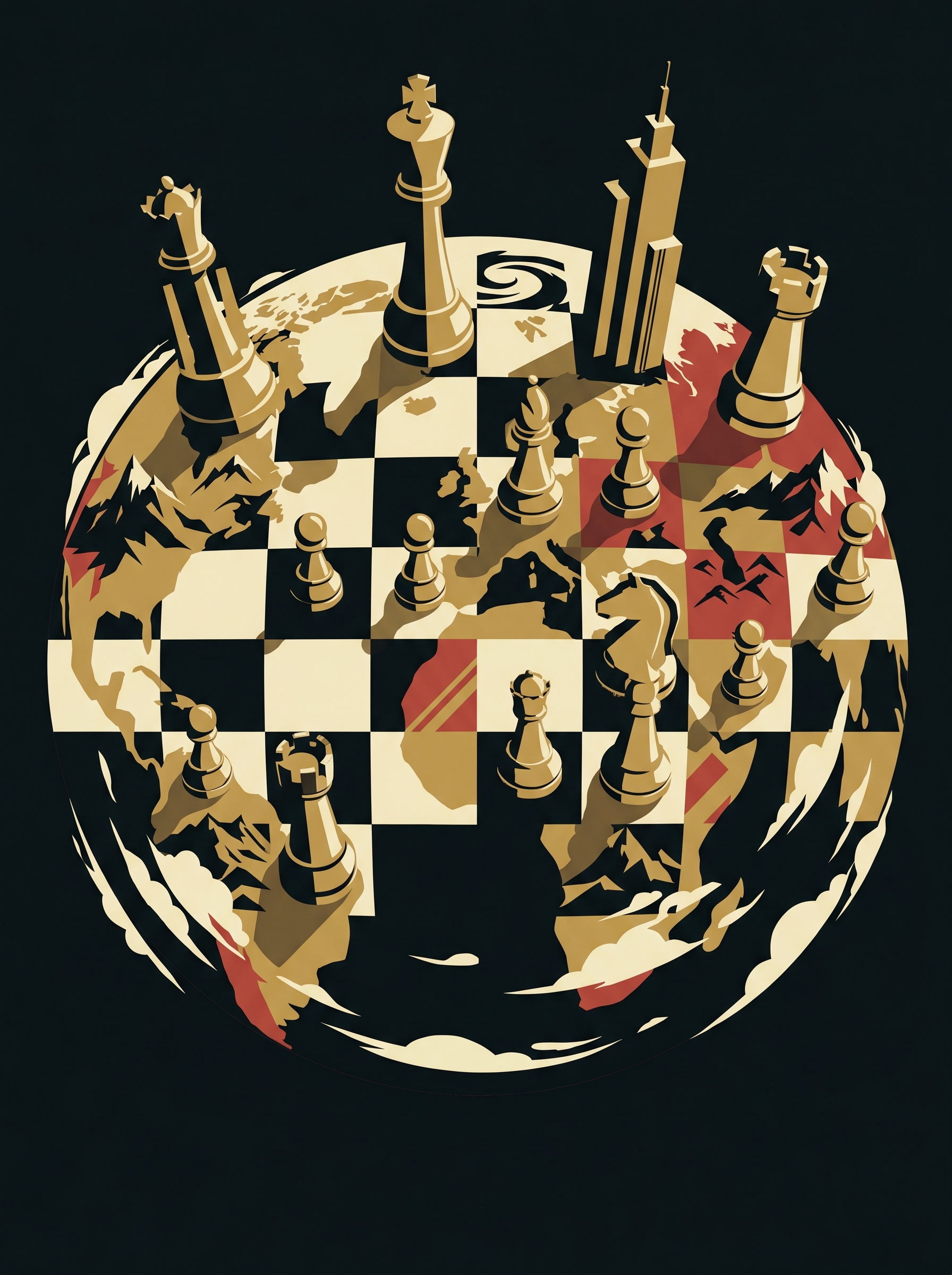 12 chess pieces on Earth seen from space, continents as squares, pieces taller than mountains, game in progress, no player visible — only pieces and planet