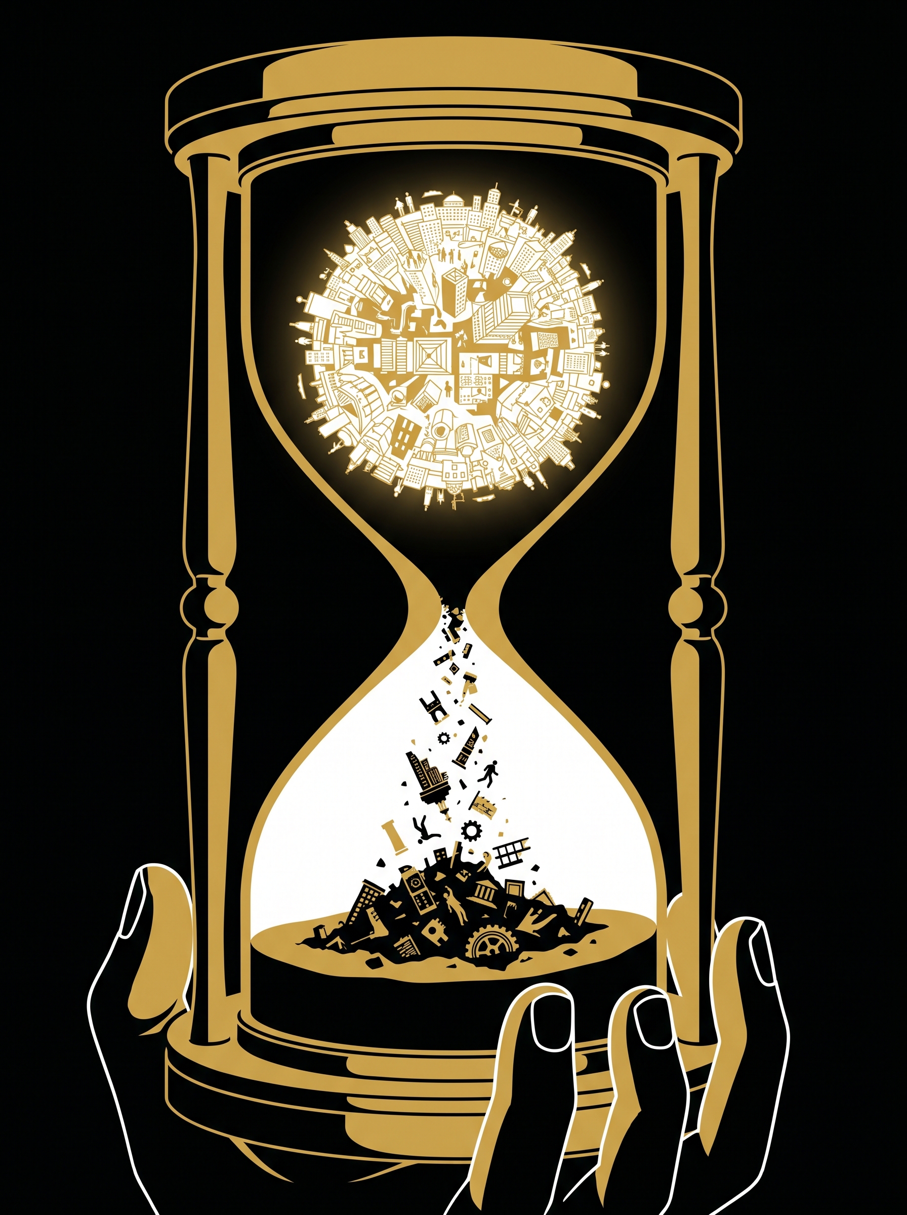 Hourglass — instead of sand entire civilizations fall through the narrow point, cities visible as particles, centuries compressed into grains, above full world intact, below what gets through, the filter is the decision, who holds the hourglass is the question