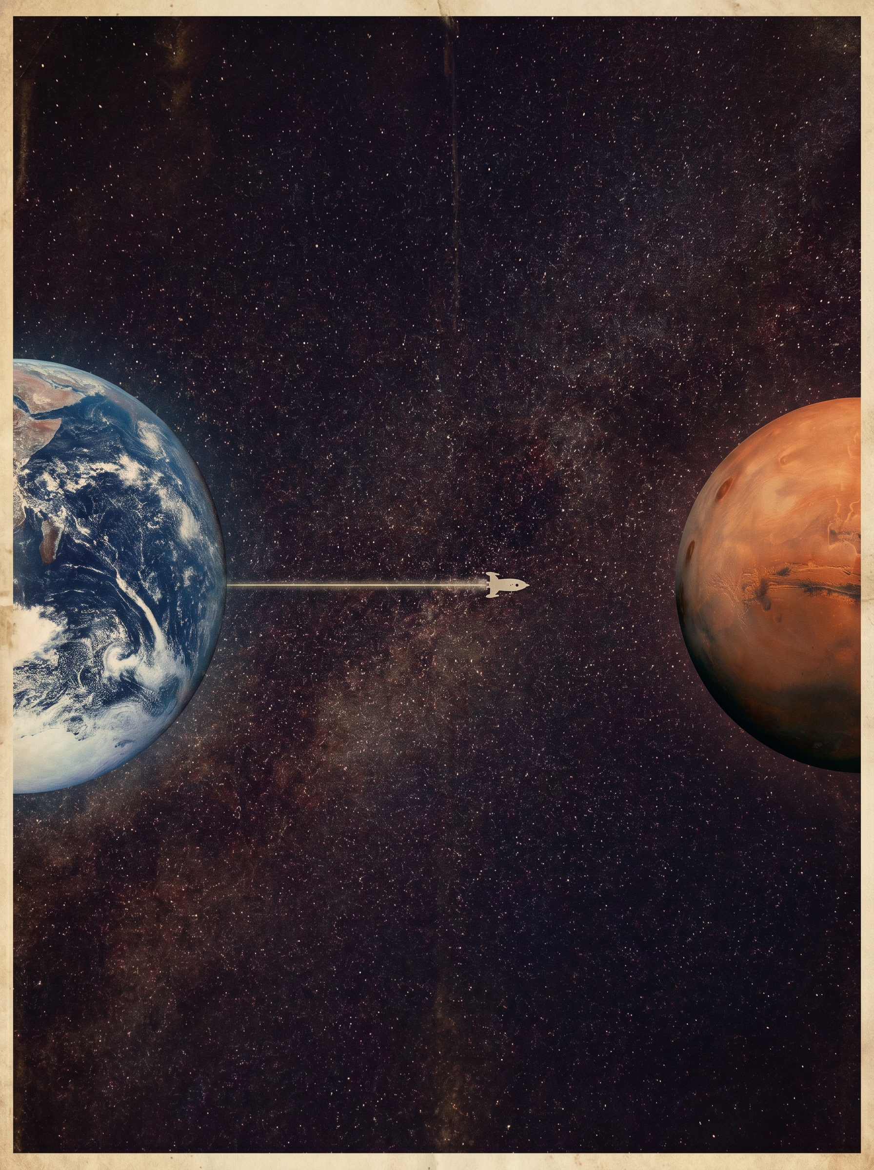 Earth on left Mars on right, thin line connecting them, single small ship on the line — the distance between two planets is the distance between two futures, vintage NASA poster aesthetic darker more honest about stakes