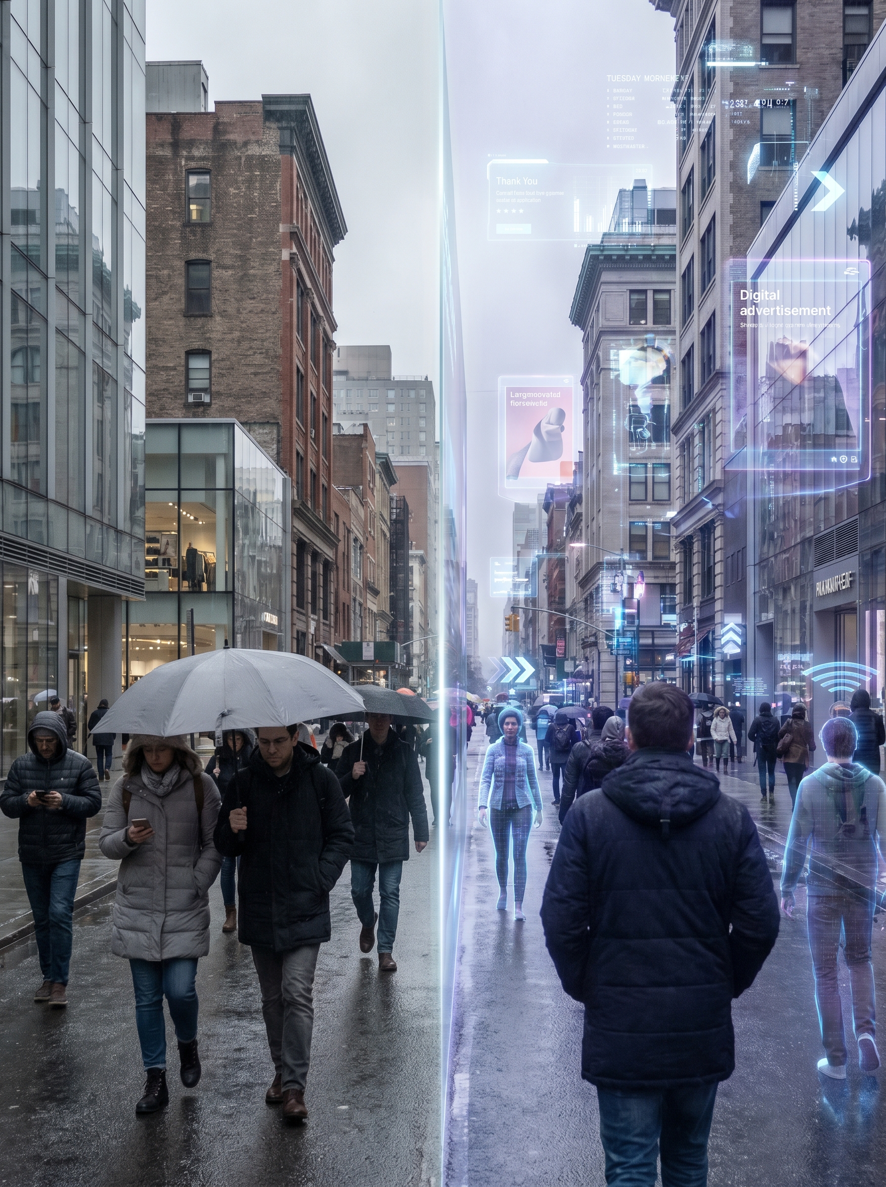 Street scene — left half physical world people walking. Right half exact same street in full digital overlay, data visible everywhere, AR information floating, digital people alongside physical. The seam between them runs vertically through centre. 2030 Tuesday morning.