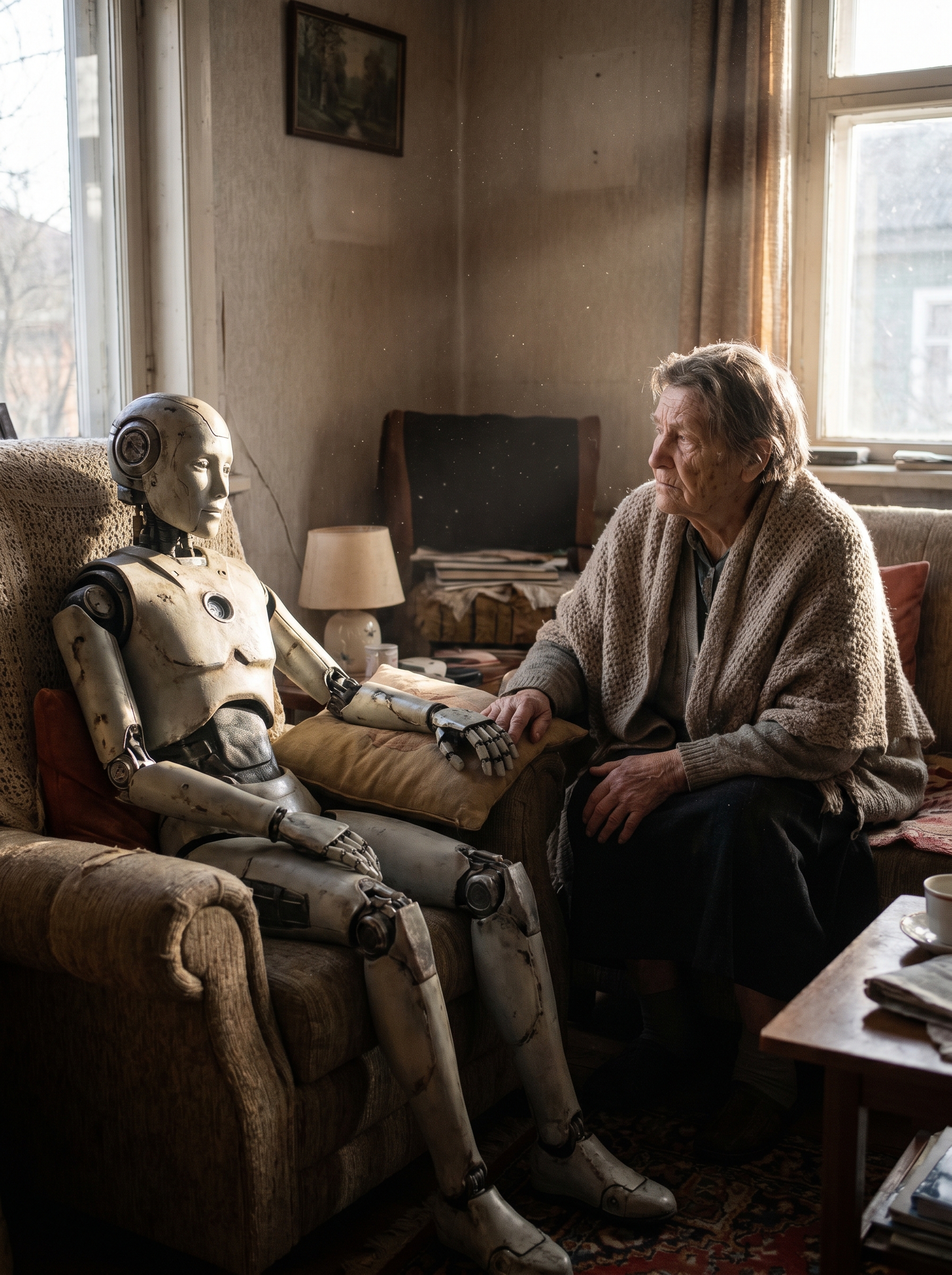 Elderly person sitting alone, humanoid robot sitting beside them not working just present, robot's hand near but not touching person's hand, the gap between them the entire question of connection when one party cannot feel