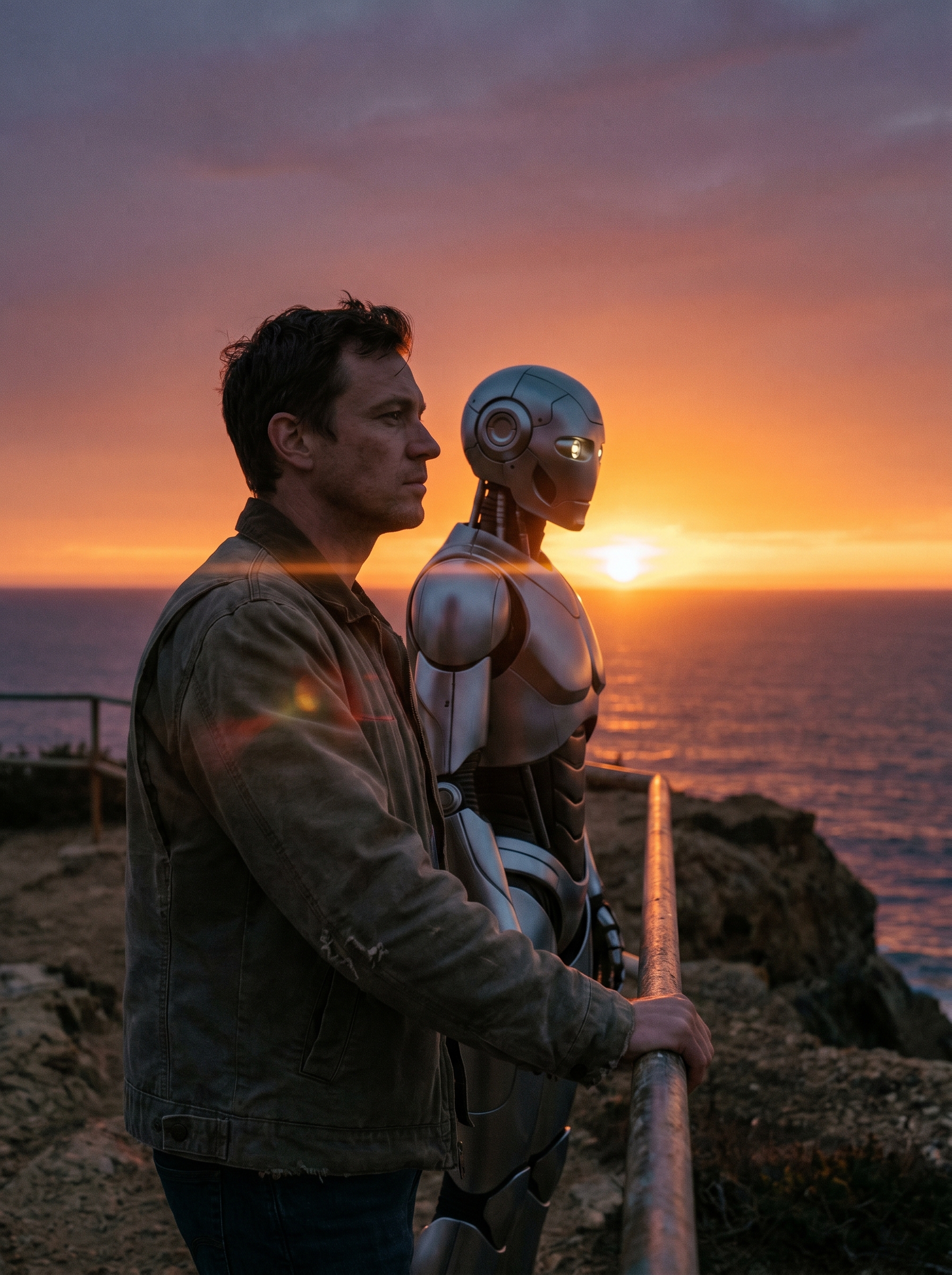 Human and humanoid robot standing side by side looking at same sunset — robot cannot experience it, human knows this, both standing anyway, neither looks at the other, both face forward