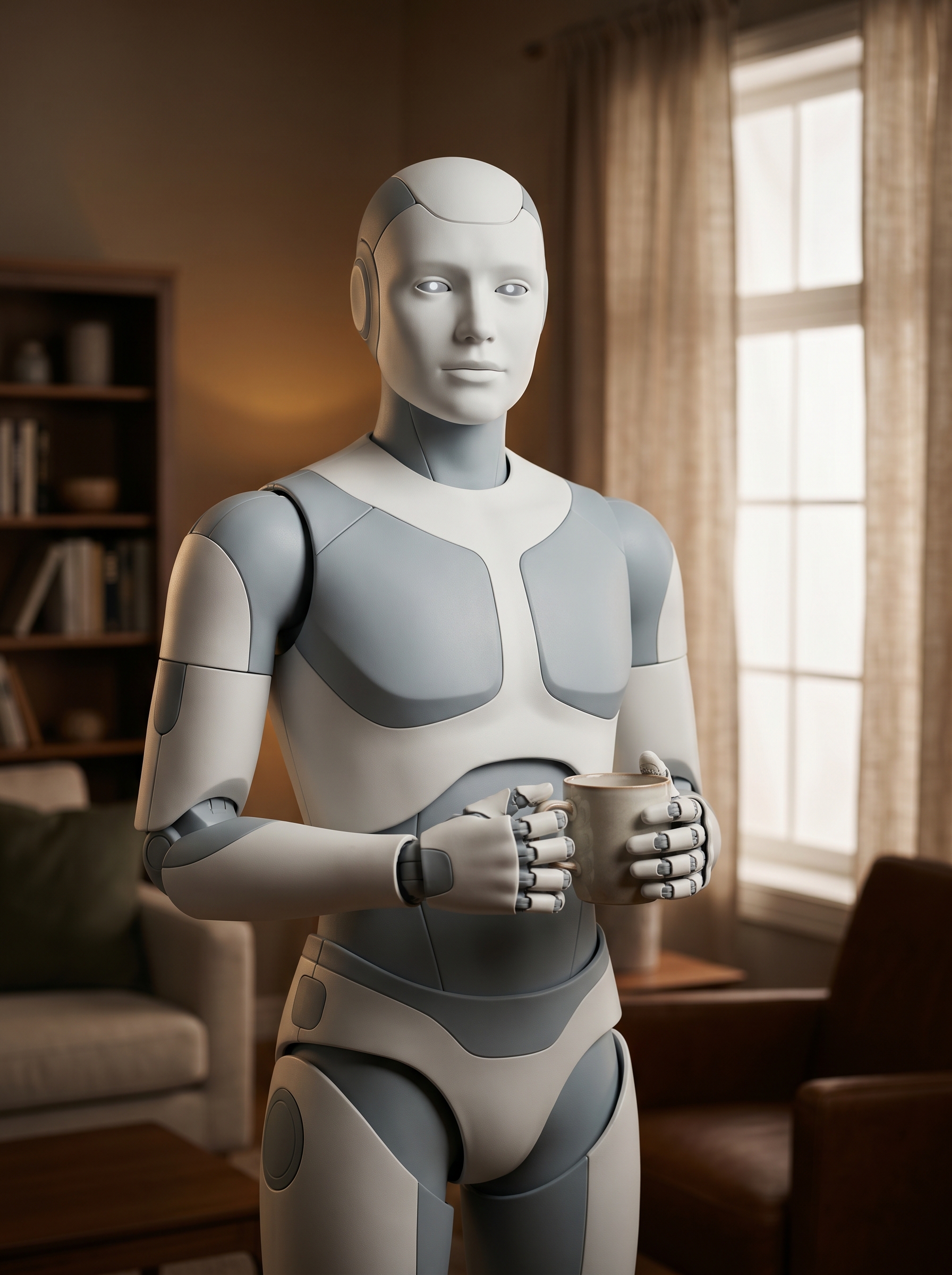 Humanoid robot in dramatic studio light — matte white and grey, proportioned like a person, hands designed for human objects, standing in a home not a factory, this is what lives with you