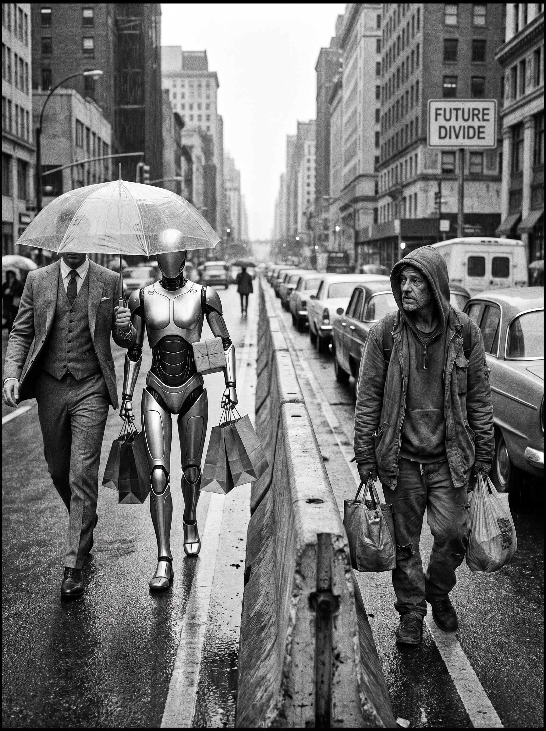 Street scene 2035 — wealthy side: person with sleek humanoid robot carrying bags handling tasks. Other side: person doing same tasks alone watching. Same street. Different futures. The robot gap made visible.