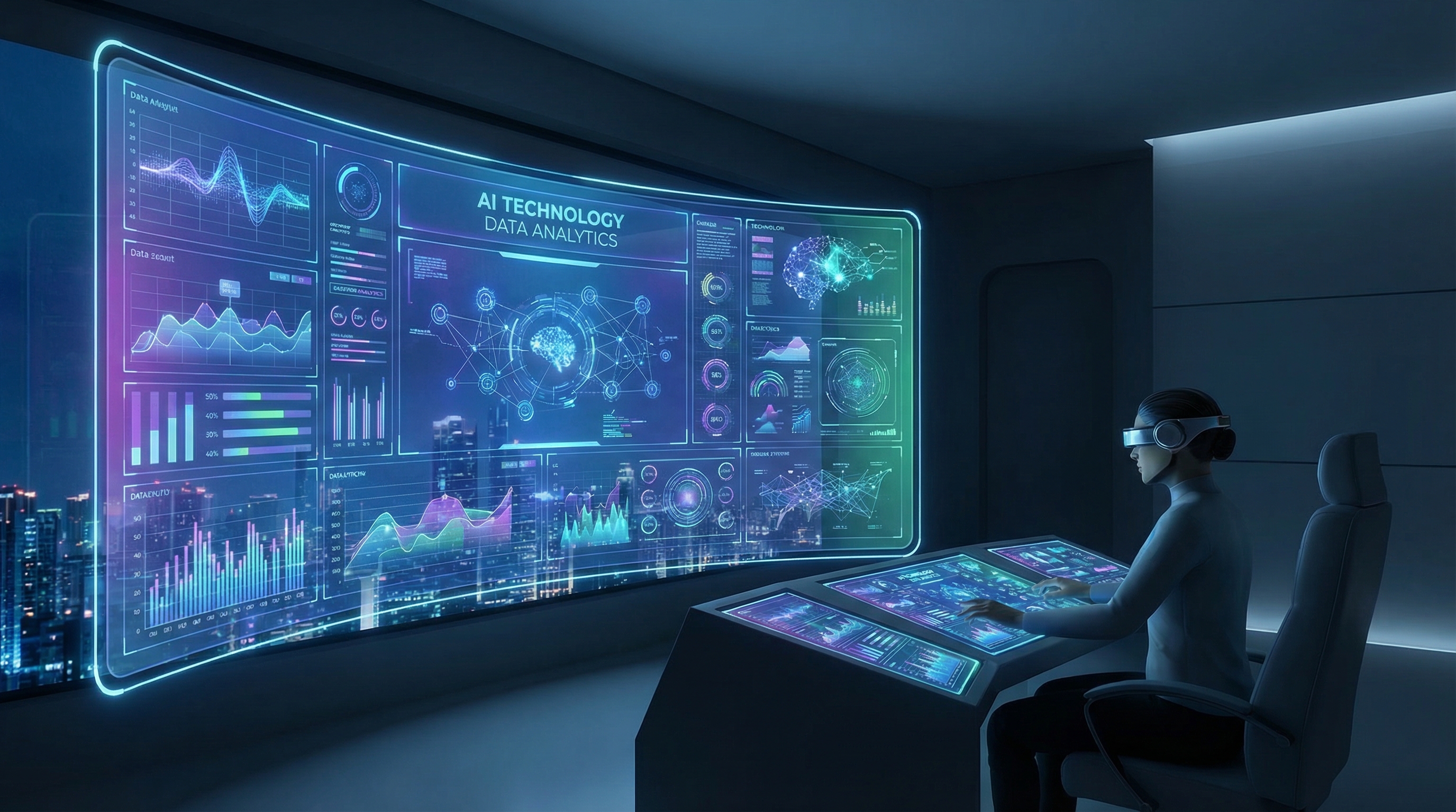 AI technology analytics screen futuristic workplace data