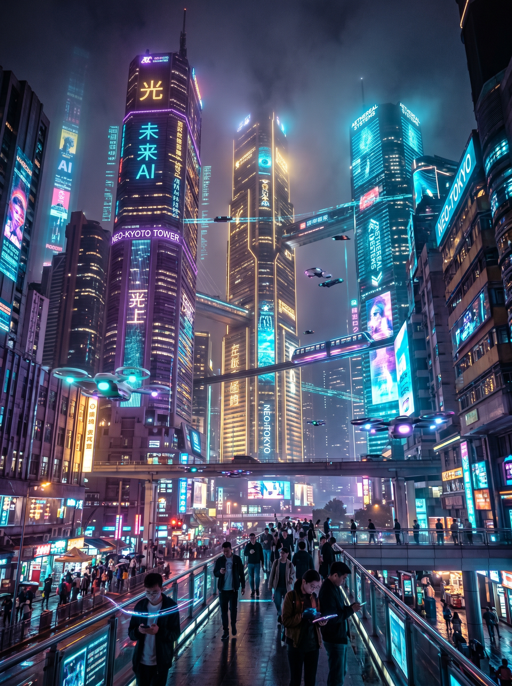 Futuristic city with digital AI lights — future of friendship