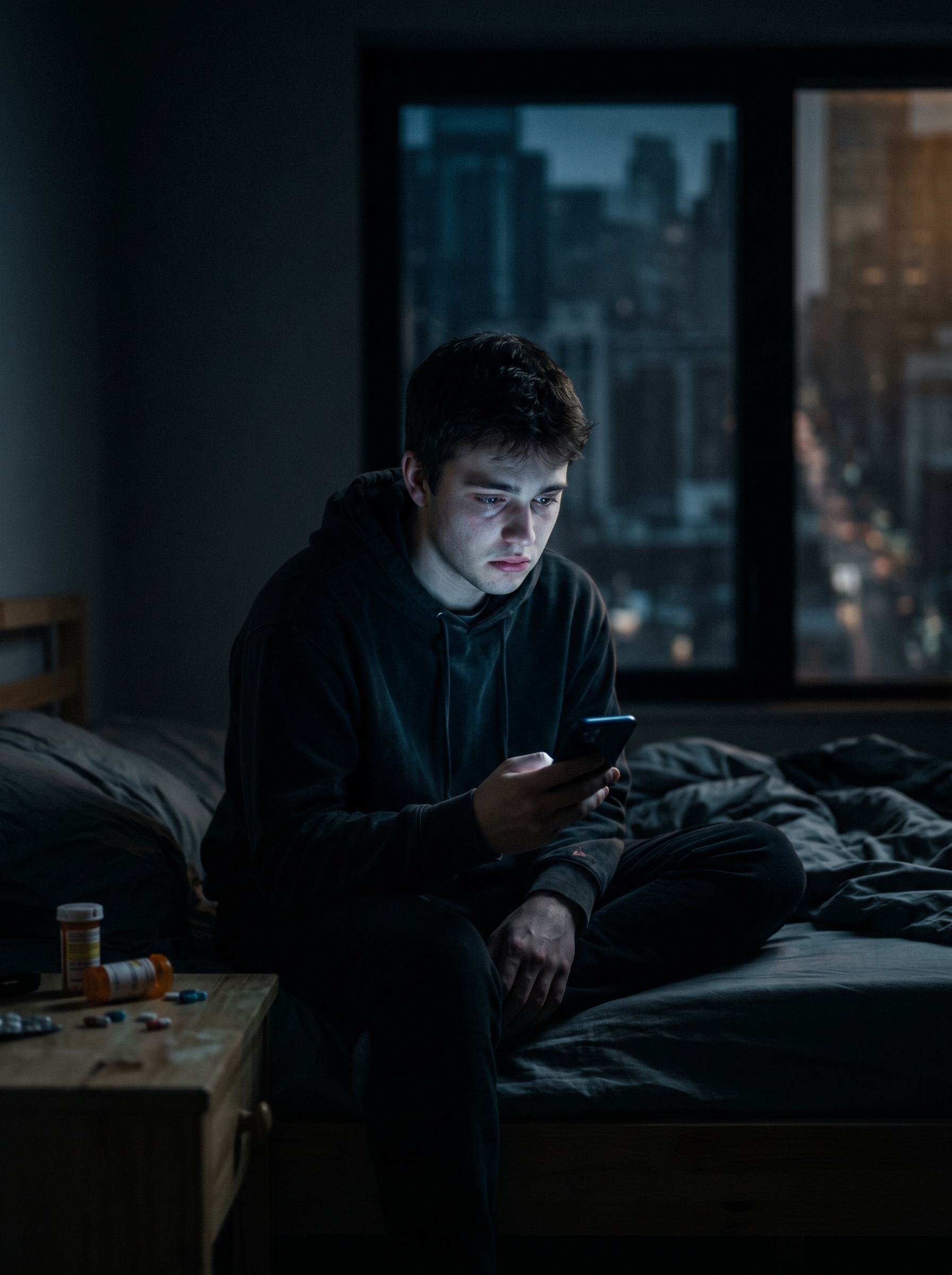 Person alone at night looking at phone — modern loneliness