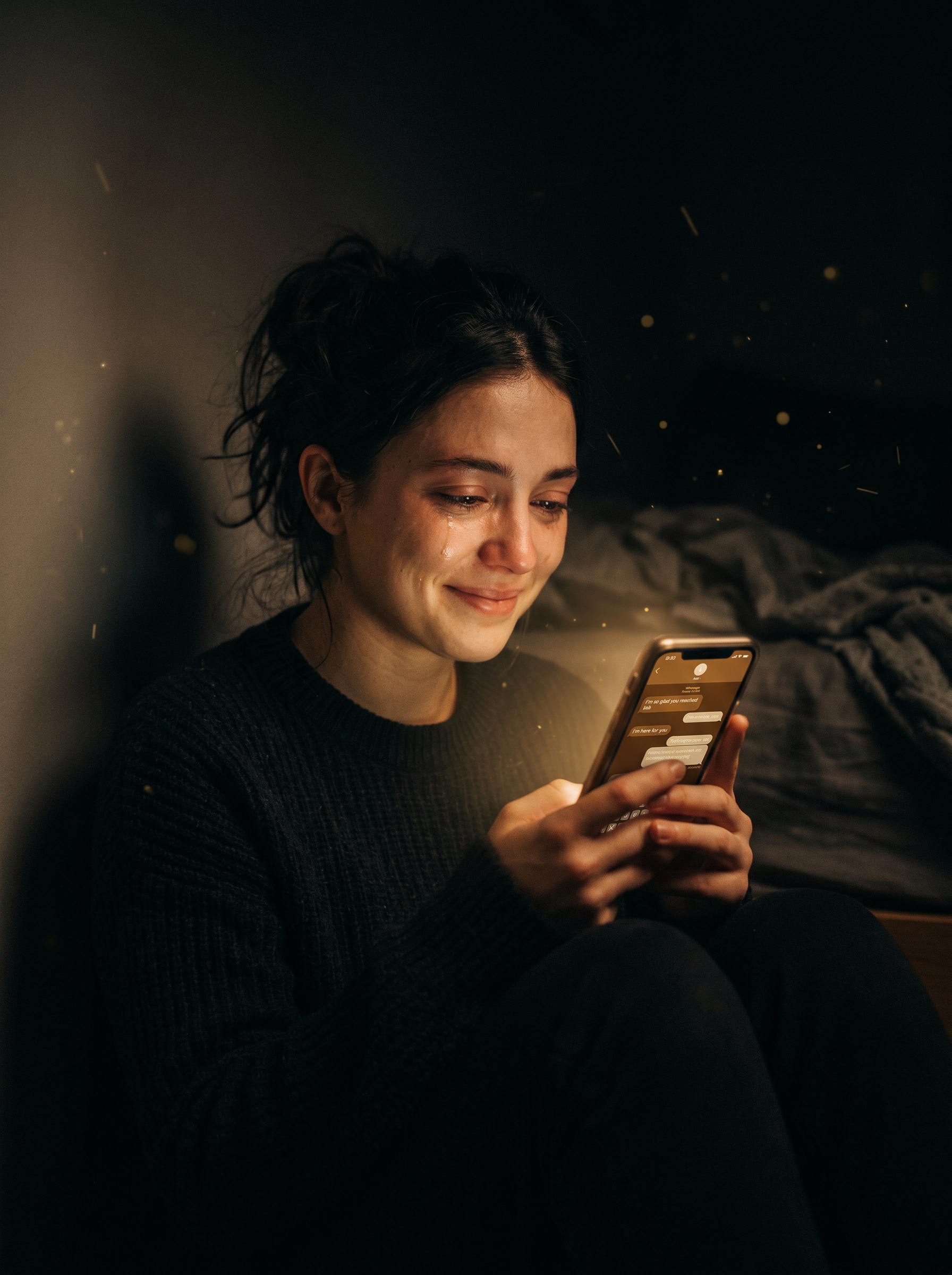 Person alone at night with glowing screen — finding connection