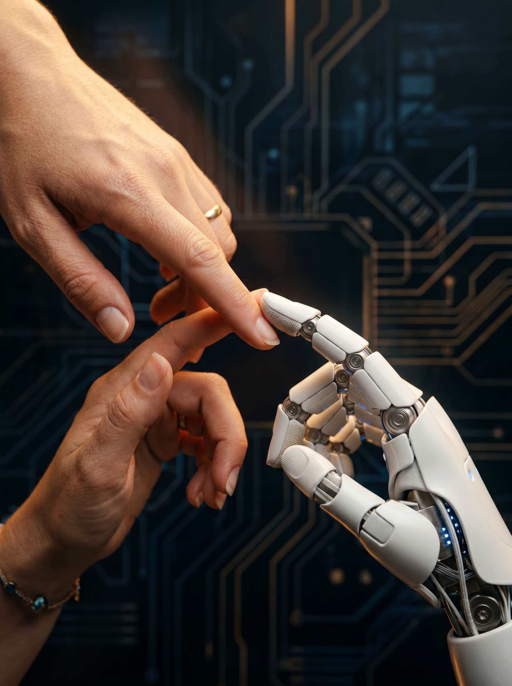 Human hand and robot hand touching — human-AI connection