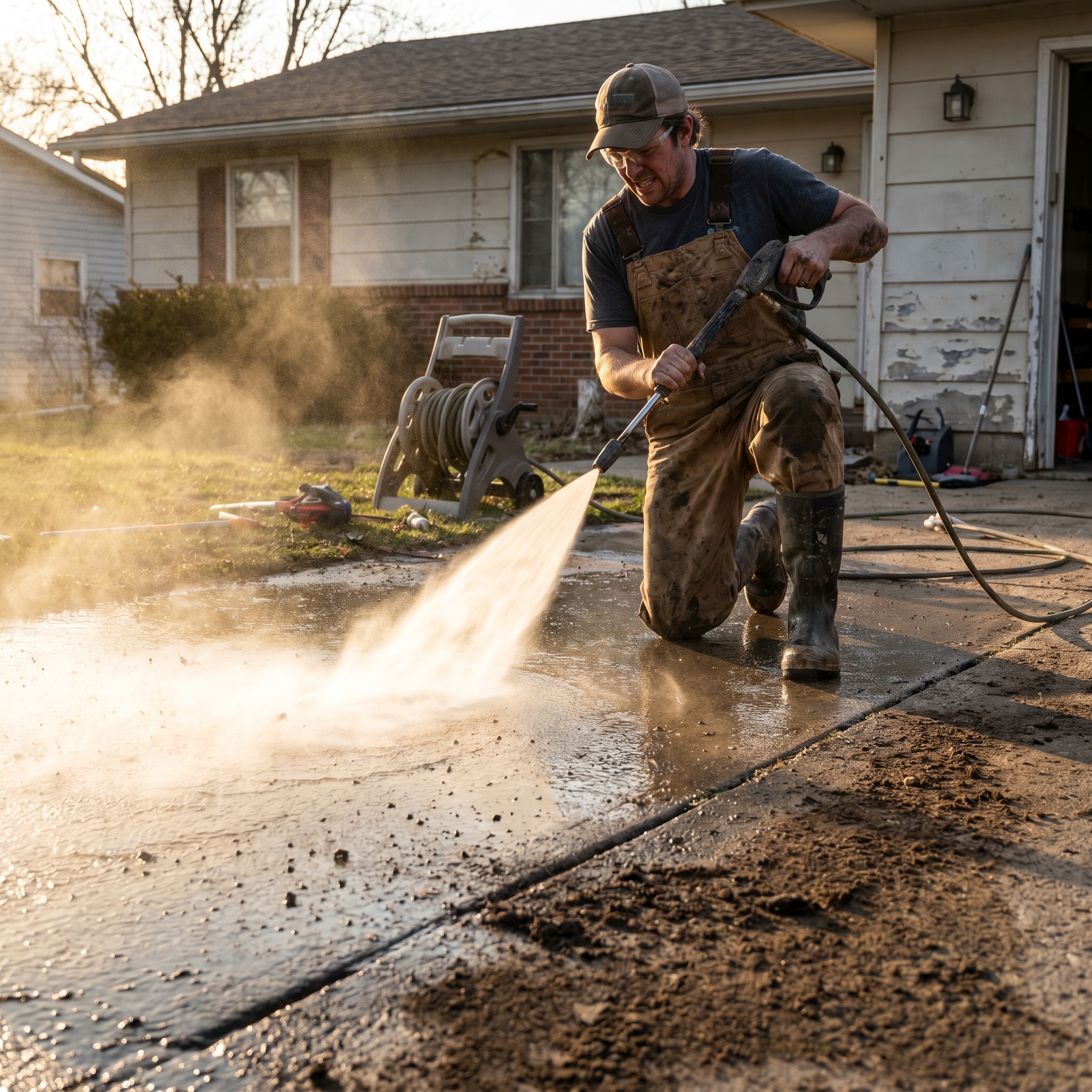 Person pressure washing a driveway, water spray catching afternoon light, dramatic before and after dirt line visible on concrete