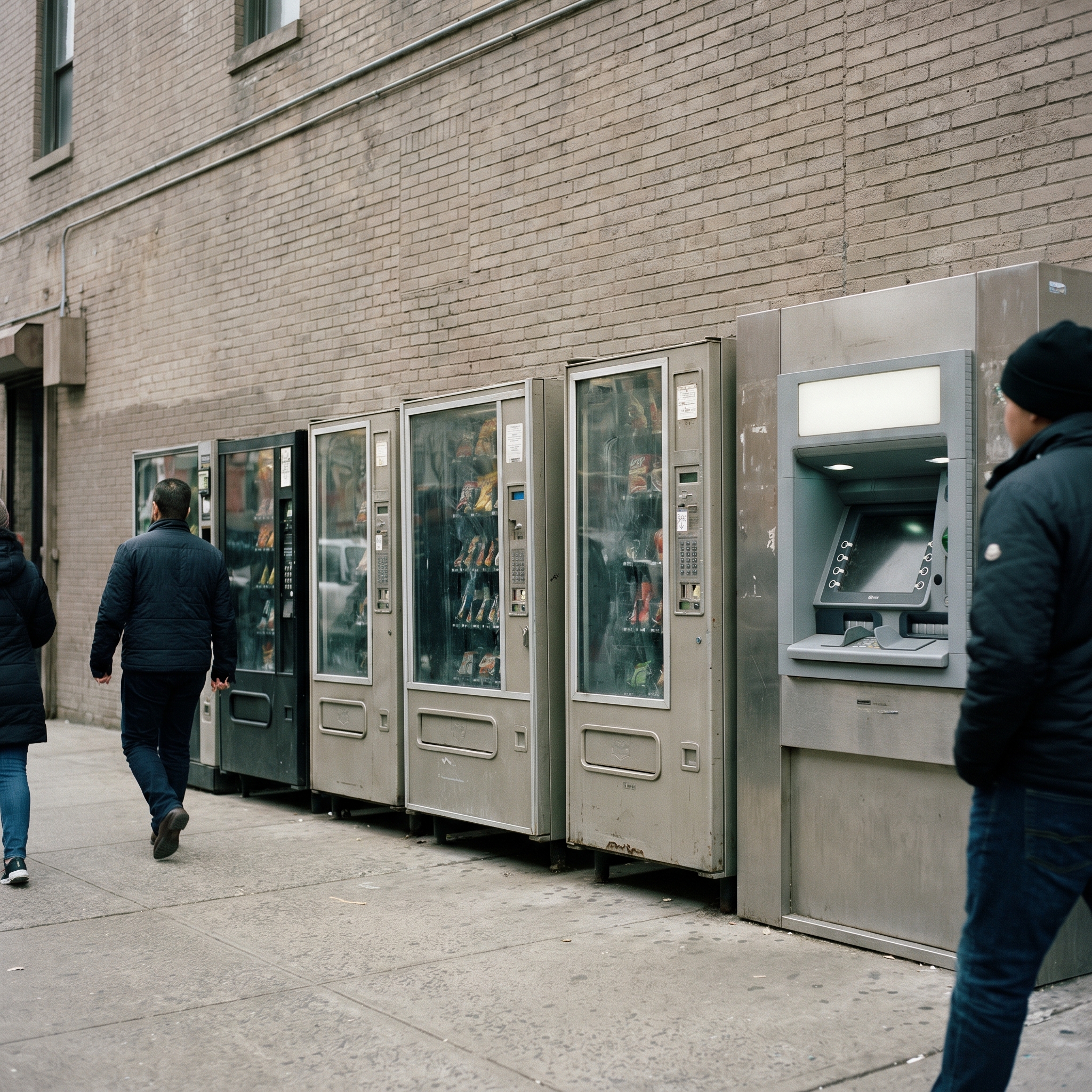 A row of small simple machines along a plain street, unremarkable, easy to overlook but each quietly generating income