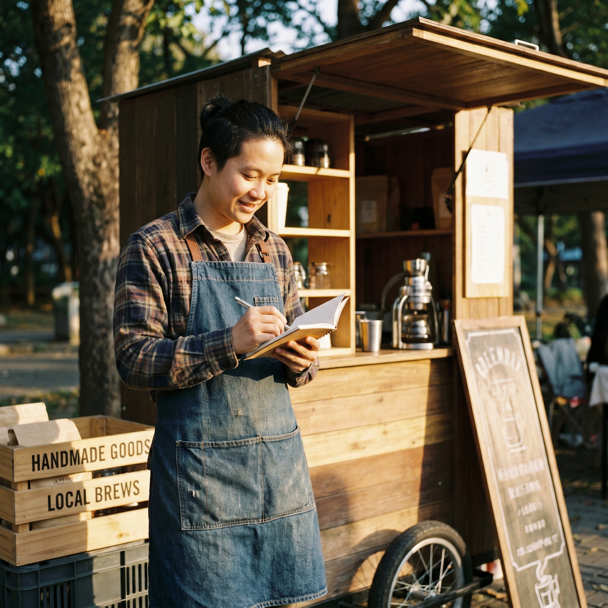 Person checking a small notebook with a satisfied quiet smile standing near their simple business setup, calm pride not flashy success