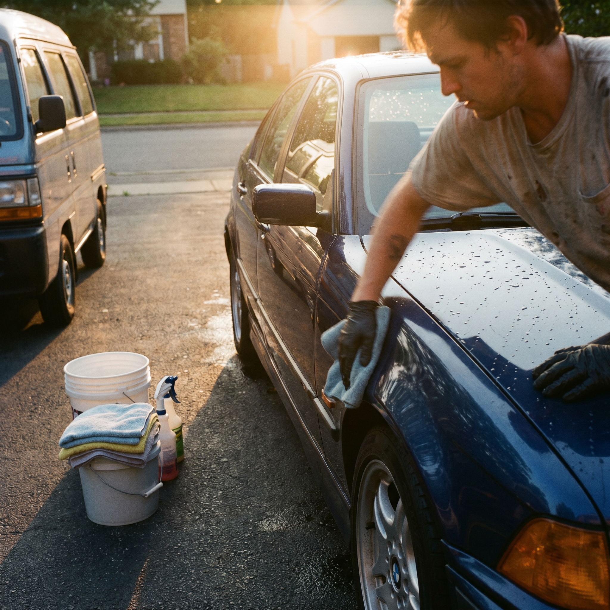 Person detailing a car in a driveway, buckets and towels, sunlight reflecting off clean paint, simple equipment visible skill