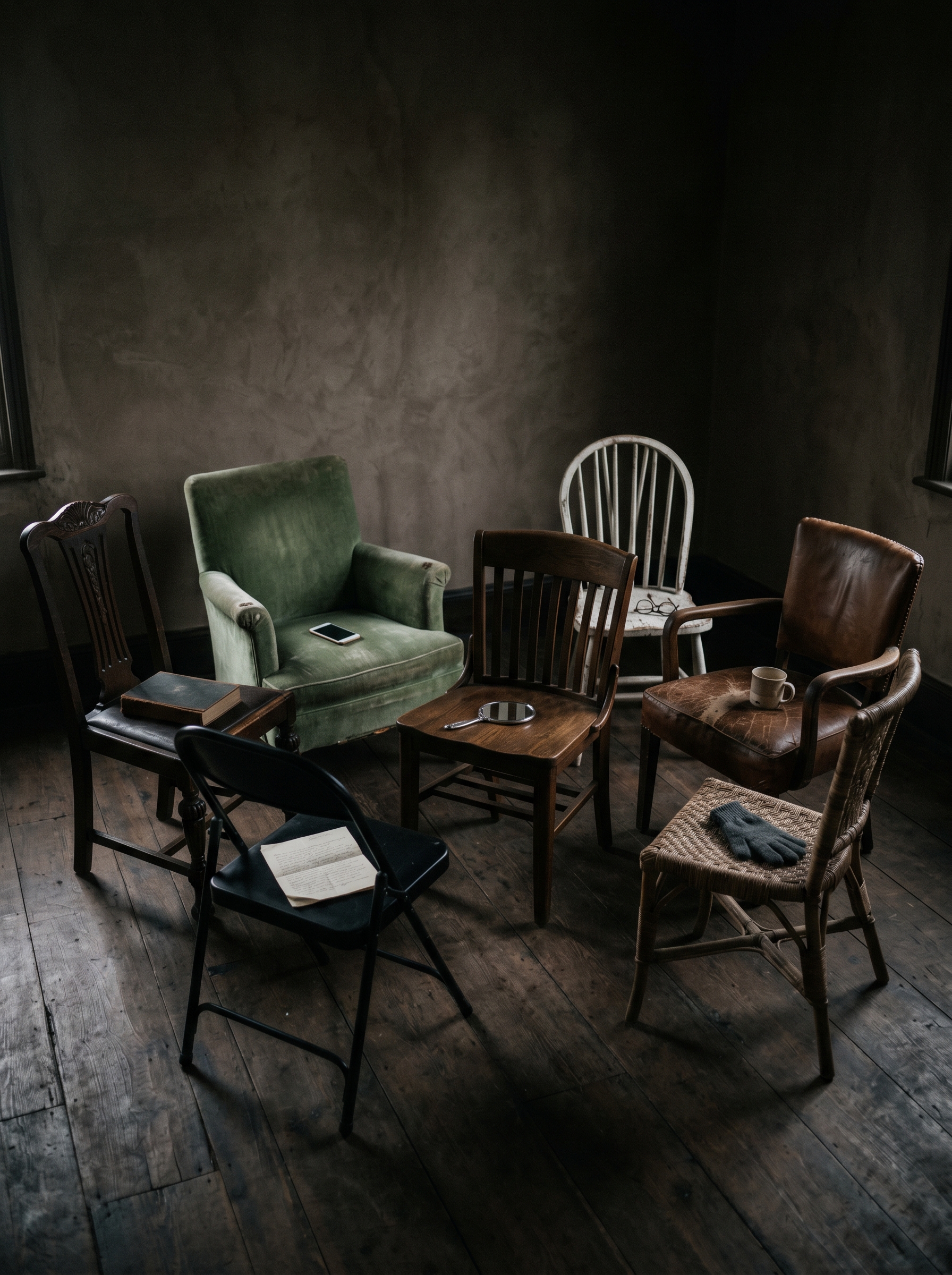 Seven chairs in a dark room — each slightly different, each facing different direction, none facing each other, close together and completely alone simultaneously