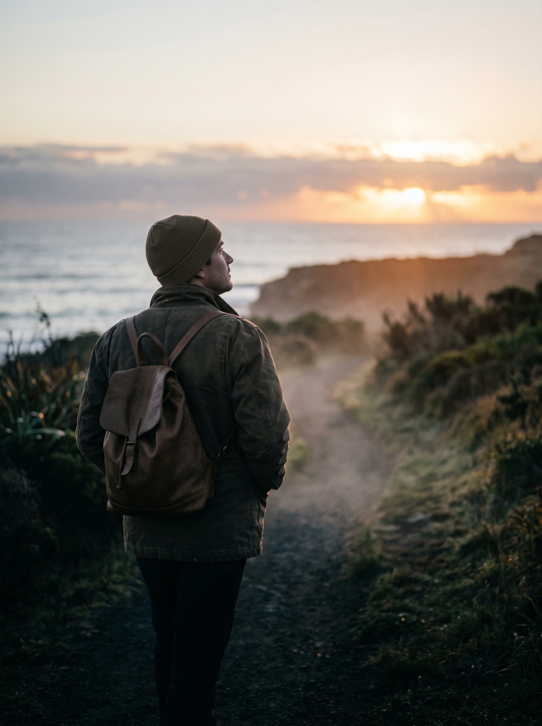 Single person walking into dawn light — posture changed, not burden lifted but burden understood, the most hopeful image of a person who has been lonely