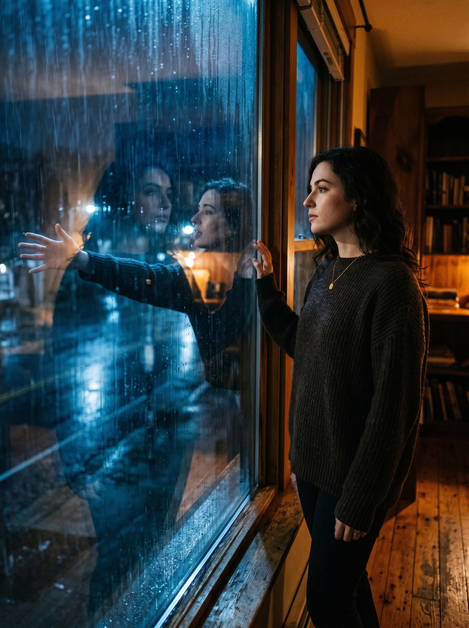 Person at window watching rain — reflection in glass shows version of them reaching outward into storm while they stand still inside — gap between who they are and who they feel they should be