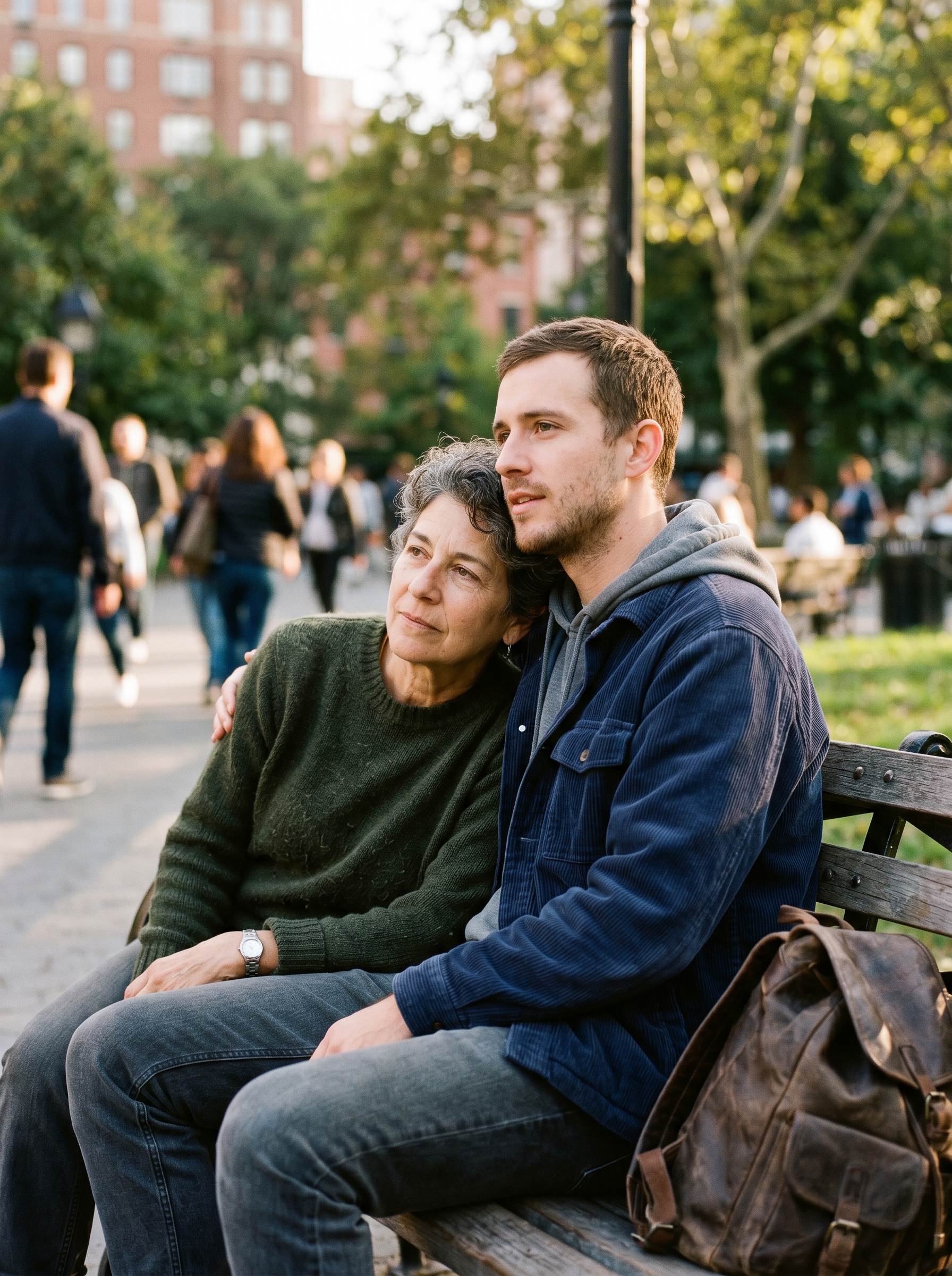 Two people — not romantic, just human — one resting head on other's shoulder, both looking at something off-frame together, no phones, no performance, the specific quality of being genuinely seen by another person