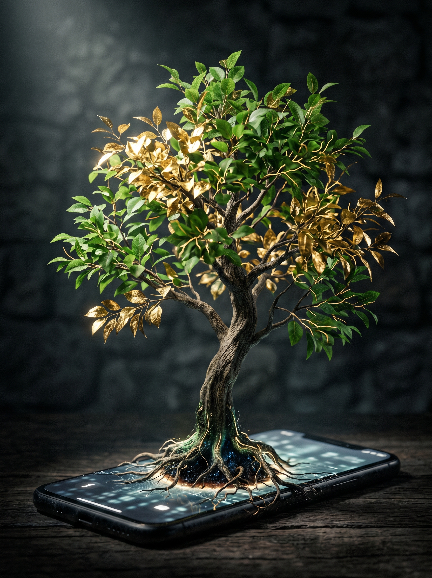 Tree growing from smartphone screen — roots going into device, branches and leaves growing outward into real space, some leaves gold some green, the digital asset made physical, dark background
