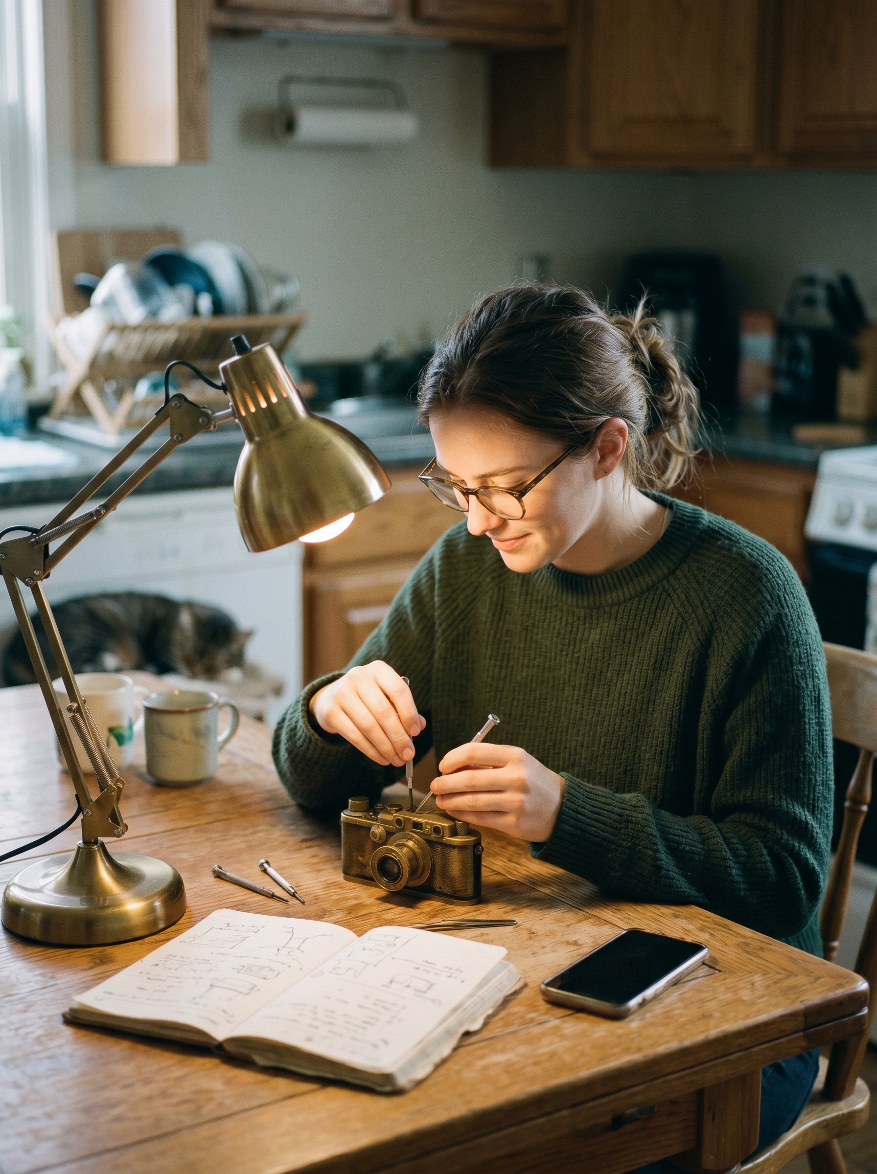 Person at simple kitchen table — phone and notebook only, deeply focused, building something, expression of creative absorption not stress, ordinary life around them, something lasting in their hands