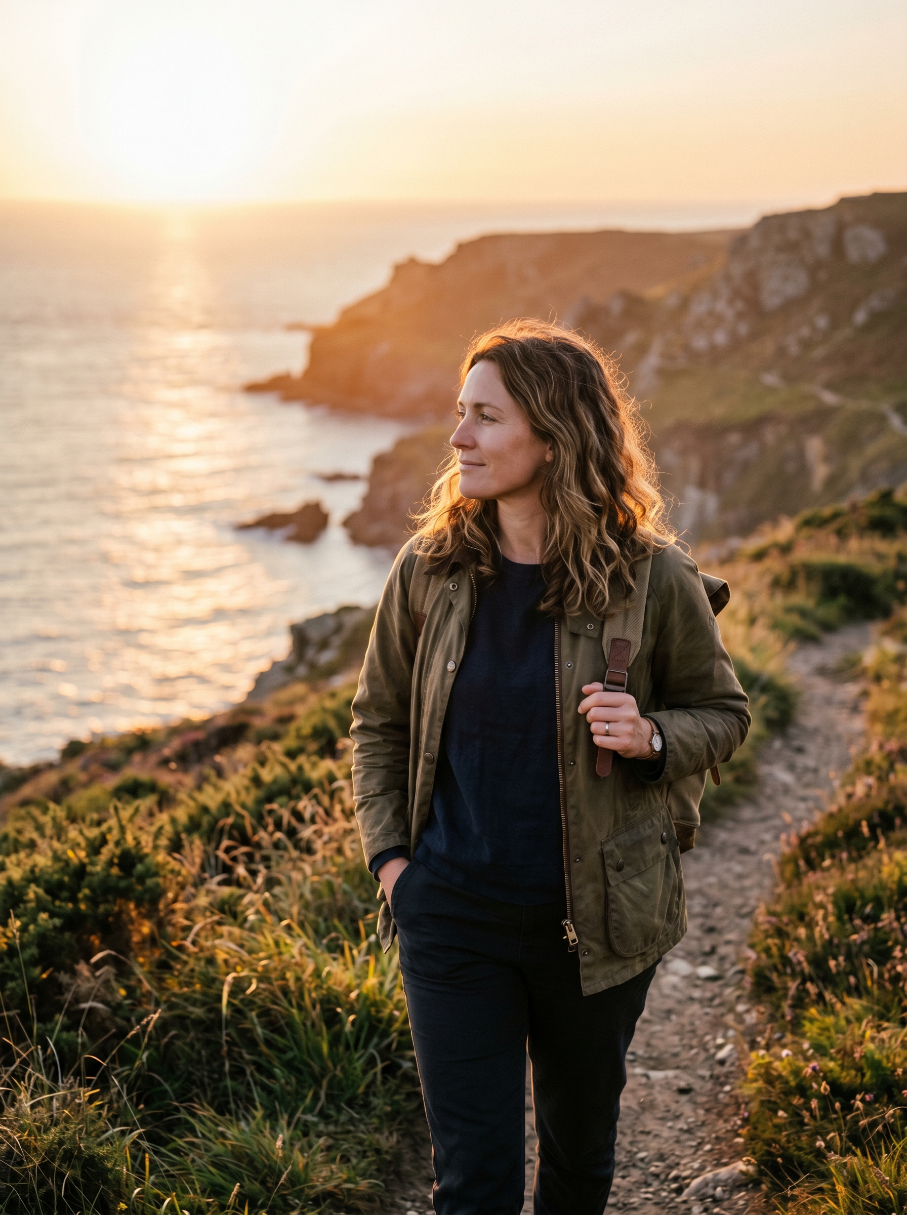 Person walking outdoors at golden hour — phone in pocket not hand, looking at horizon, posture of someone not waiting for salary, not commuting to someone else's building, they built something, now it works without them
