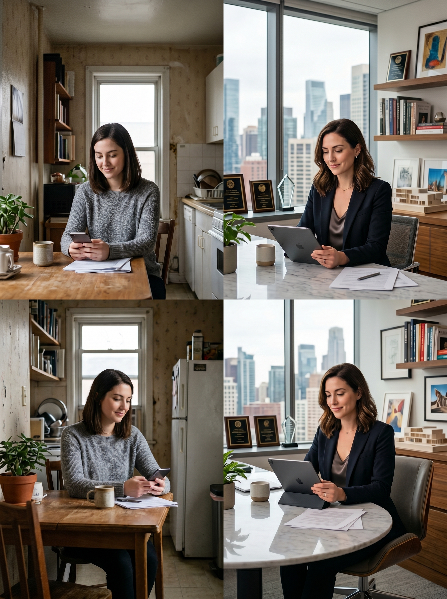 Split time — left: person at small apartment table building something on phone, modest, beginning. Right: same person 10 years later, same calm expression, different world, evidence of what was built everywhere