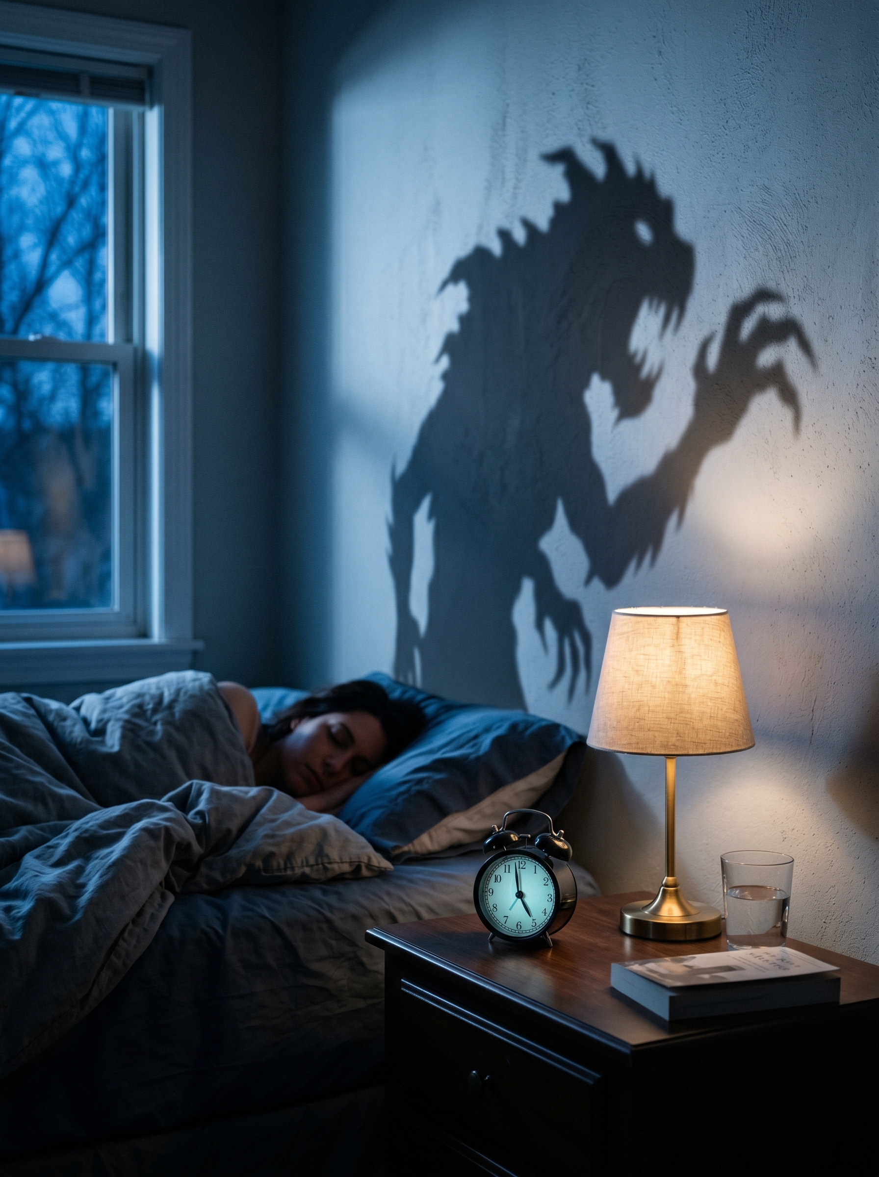 Alarm clock on nightstand at dawn — clock's shadow on wall shows monster while clock itself is ordinary, brain's threat detection making mundane catastrophic, cold blue pre-dawn light
