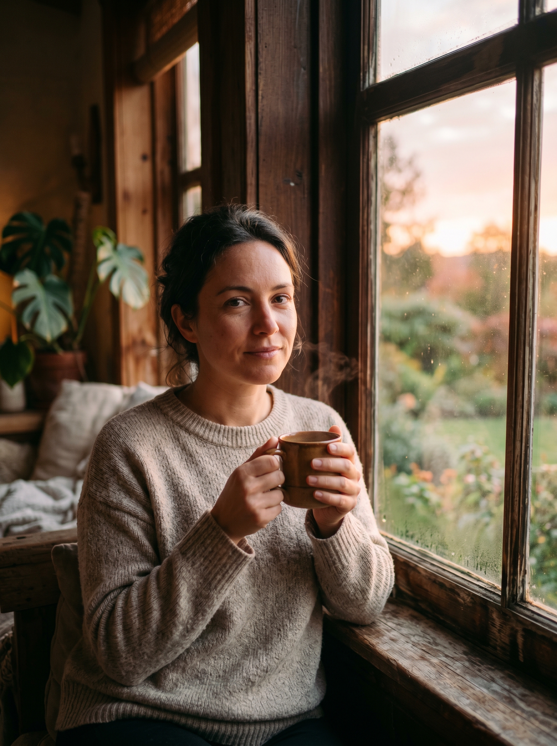 Person at window with first morning light on face, coffee in hand, genuine presence not performance — someone who stopped fighting their brain and started working with it
