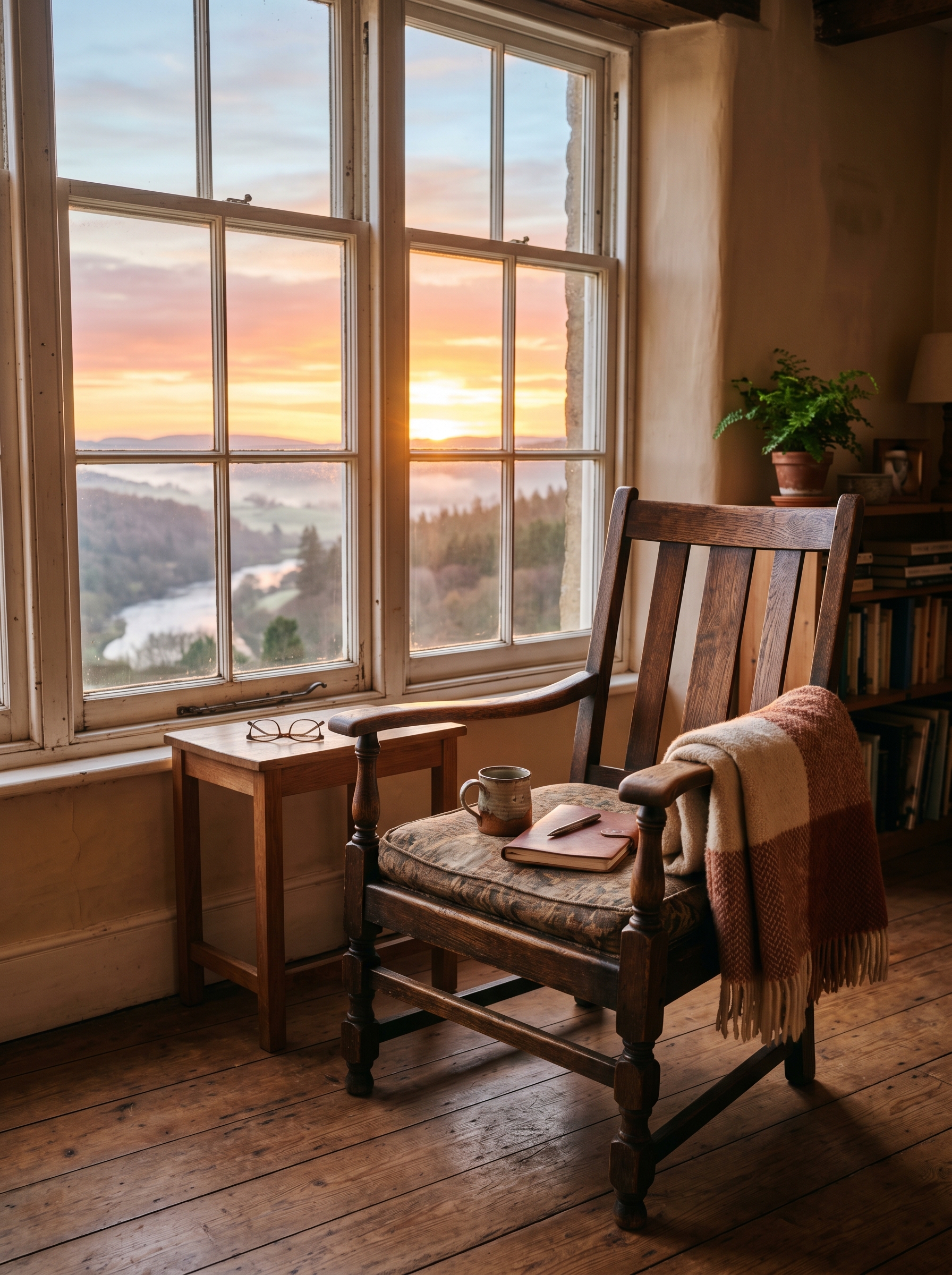 Empty chair by window at sunrise — where someone sat and understood something important about their own mind this morning, same light as yesterday, person receiving it is different