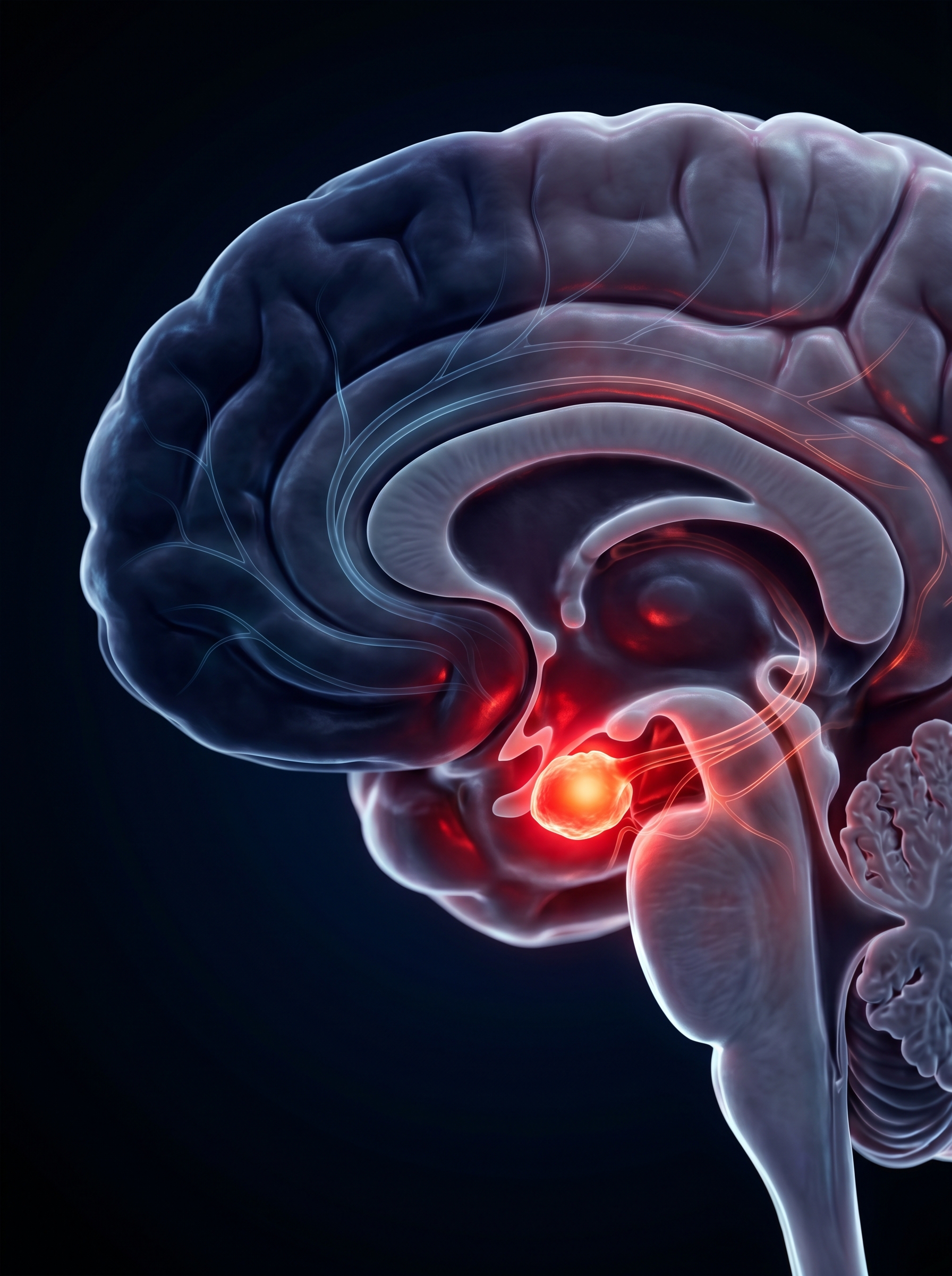 Human brain cross-section rendered as luminous art — prefrontal cortex dark and offline in deep blue cold tones, amygdala glowing bright red active and alarmed, the biological reason morning feels dangerous