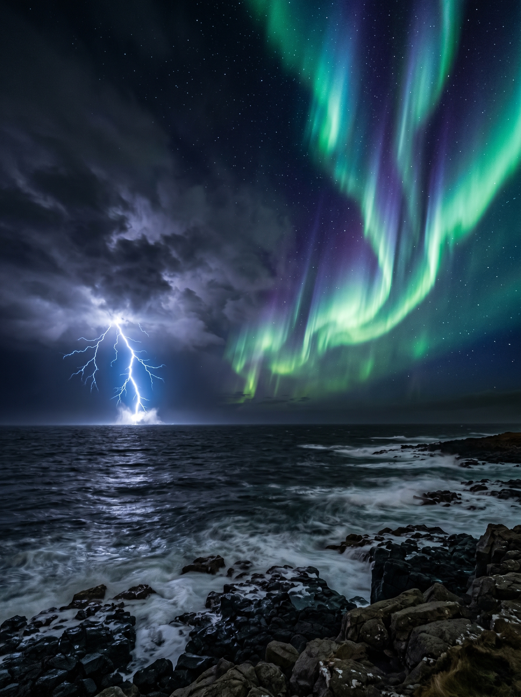 Lightning strike hitting ocean simultaneously with aurora borealis above — two of Earth's most dramatic phenomena in one frame, long exposure real photograph