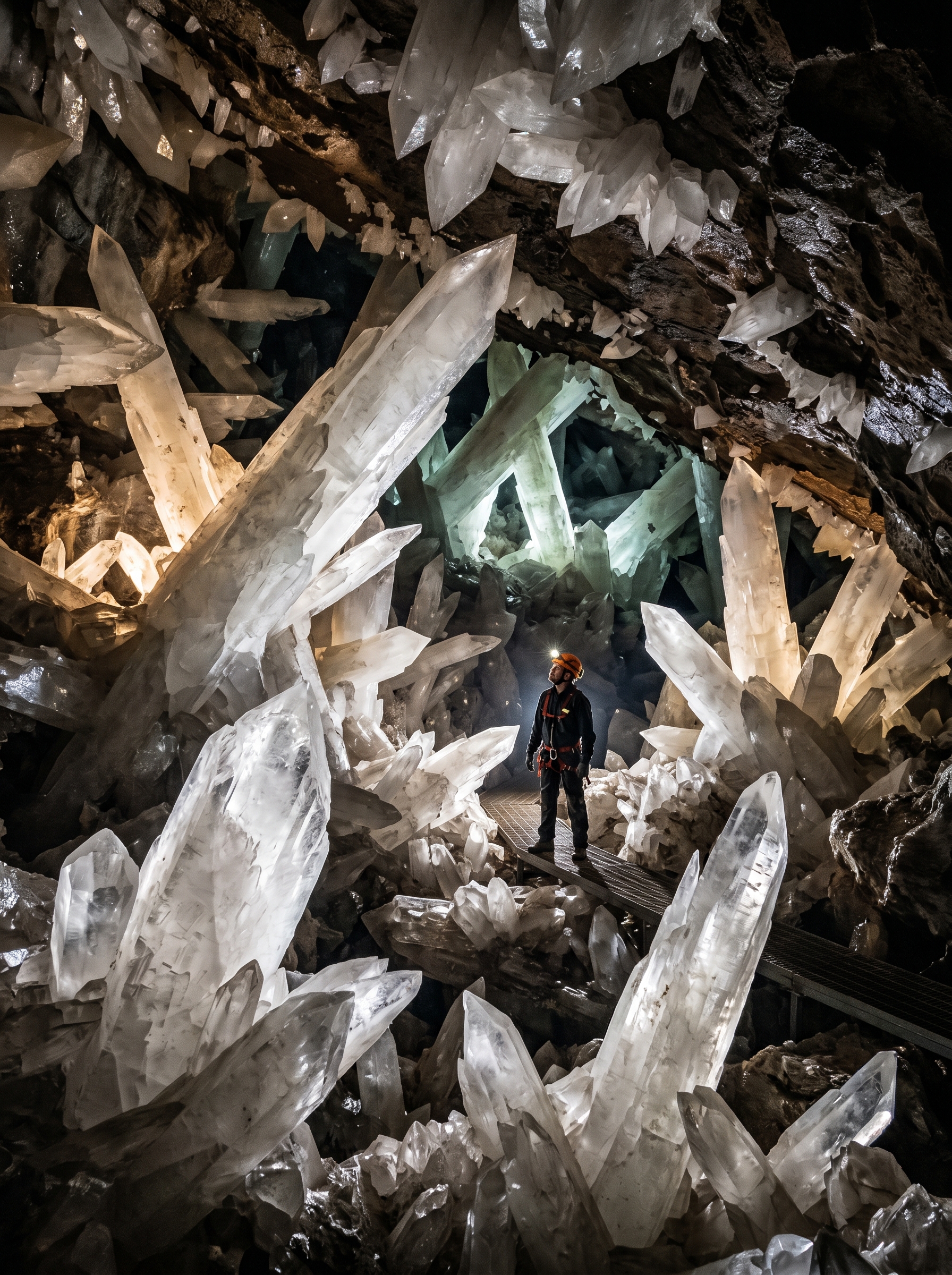 Underground cave system with crystals larger than humans growing from floor to ceiling — a person impossibly small against formations, real place on Earth that looks like another planet