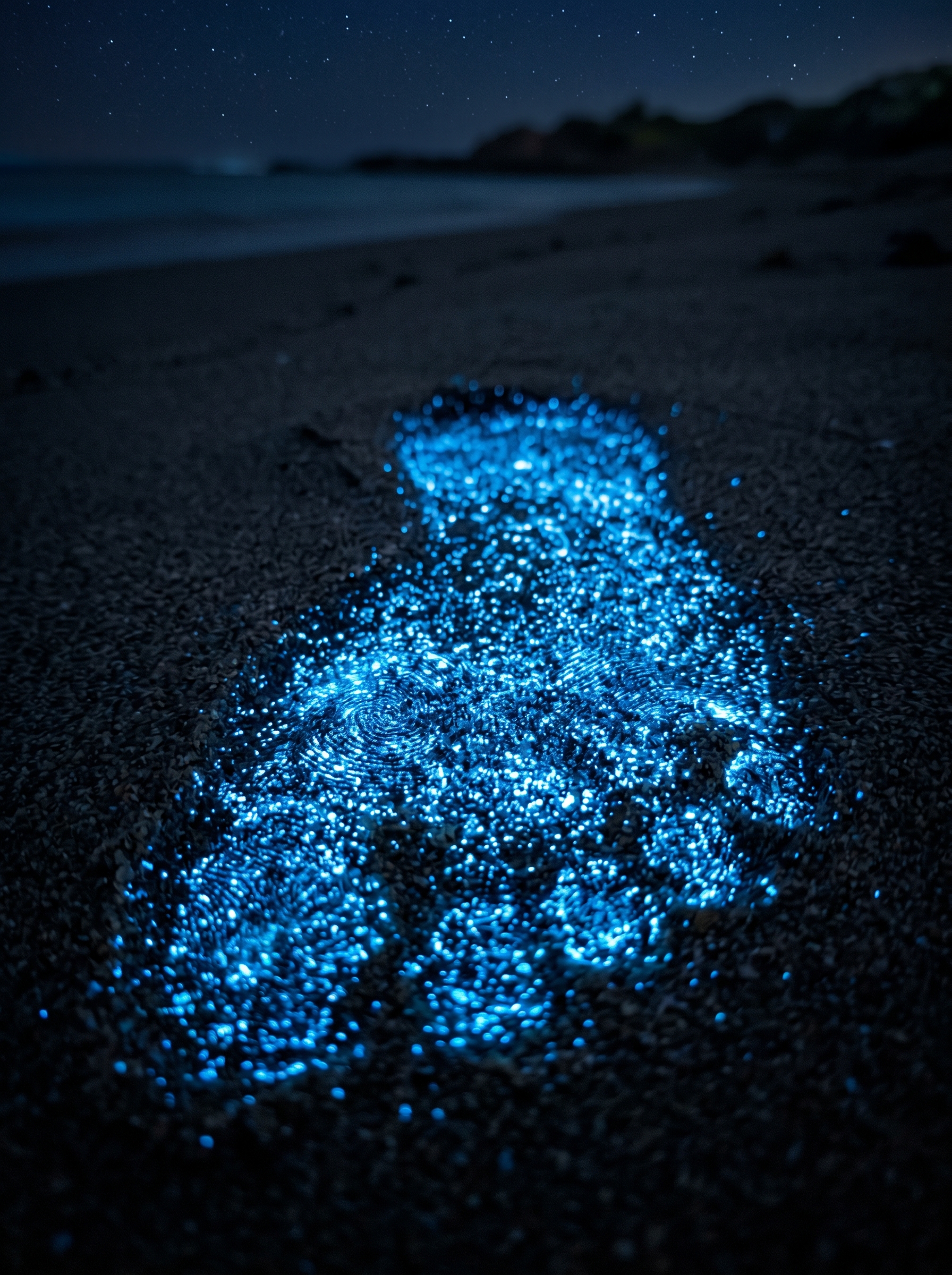Ocean at night glowing electric blue from bioluminescent plankton — waves made of light, footprints in sand glowing, impossible real beautiful