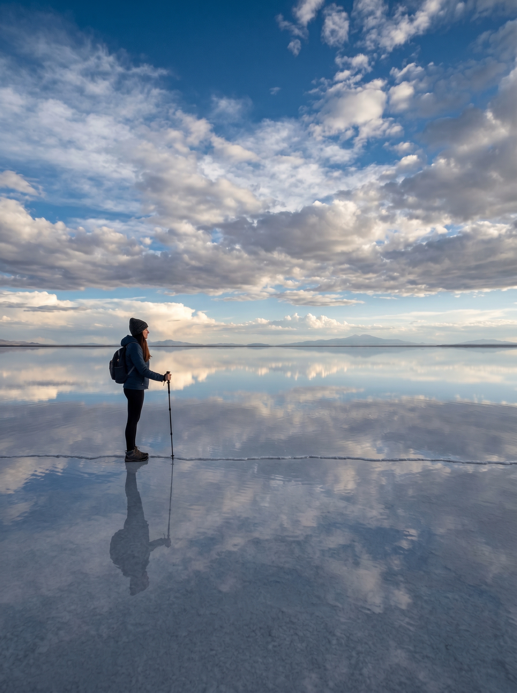 Person standing on salt flat perfectly mirroring sky — standing between two skies above and below, real place unbelievable appearance