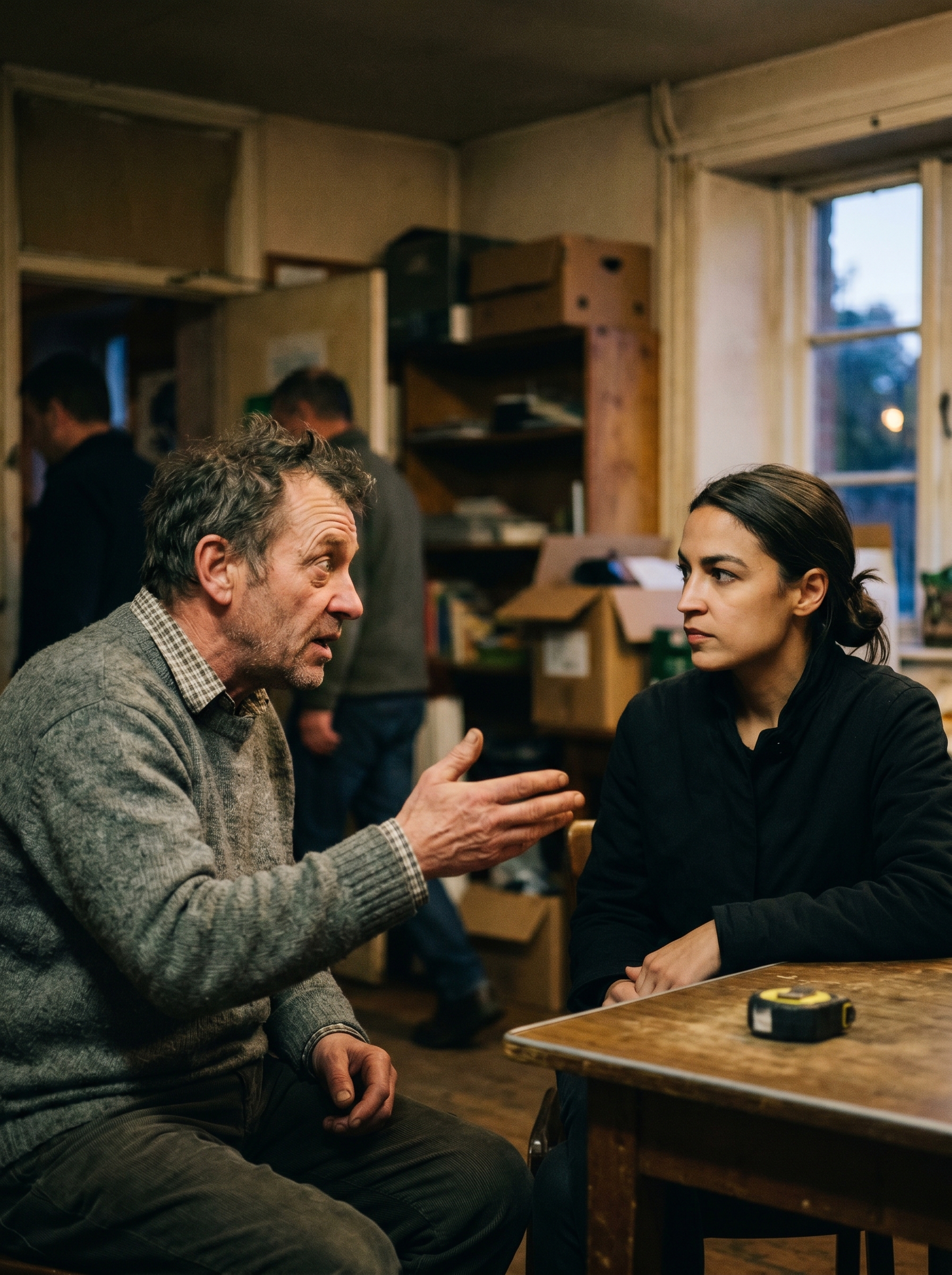 Two people in conversation — one speaking gesturing leaning in, other completely still eyes clear listening, the listener has all the power and both people know it
